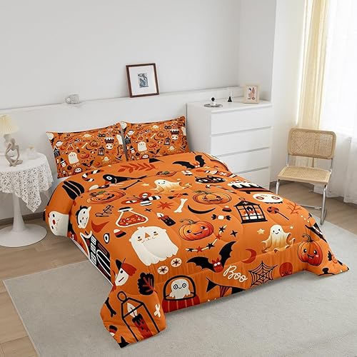 Miniatura 2 de Erosebridal Juego de edredón de Halloween, juego de ropa de cama de calabaza para niños, lindo relleno de edredón de castillo fantasma, edredón de