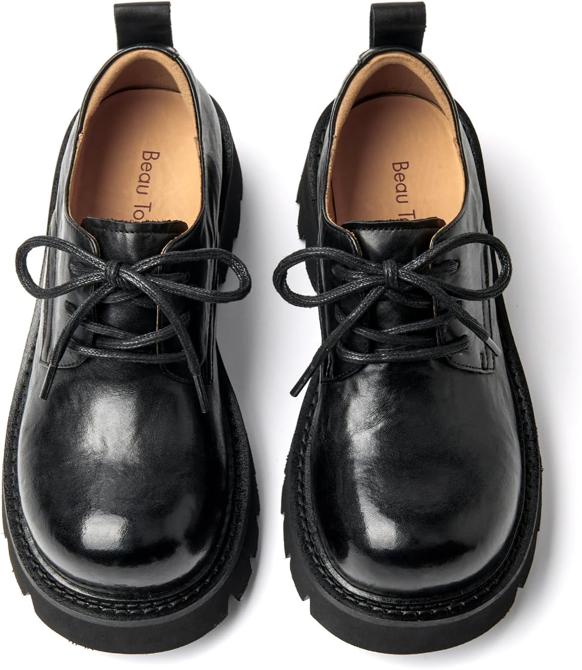BEAU TODAY Chunky Womens Oxfords, Platform Oxford Shoes for Women, Casual Round Toe Lace-up Leather Oxfords, Comfortable Business Lug Sole Dress Shoes