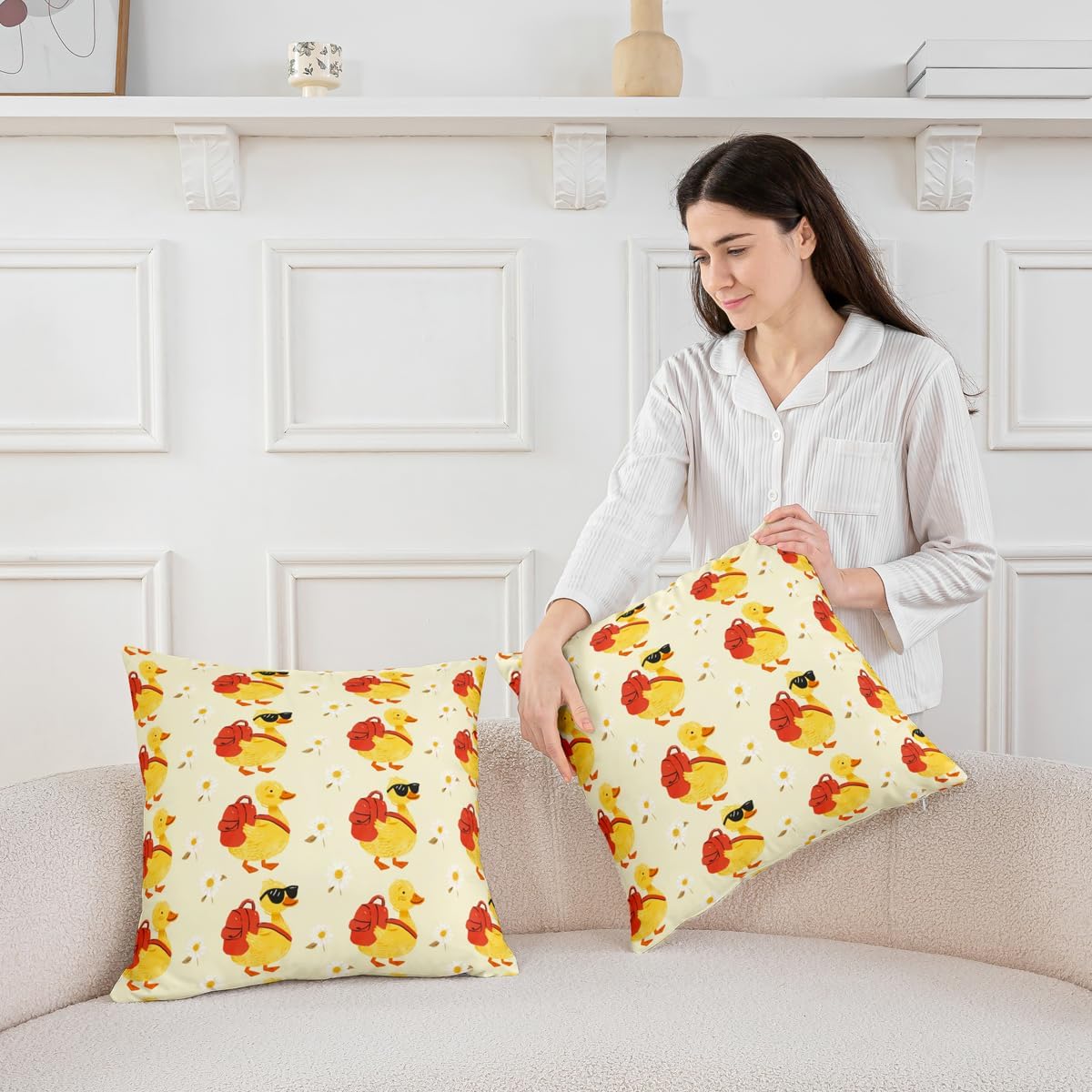 Erosebridal Pack of 2 Funny Duck with Bag Pillow Cases | Cute Yellow Ducks Throw Pillow Covers for Kids Girls Boys, Daisy Floral Cushion Covers 18x18, Duck Lovers Gifts Kawaii Pillowcases image 2