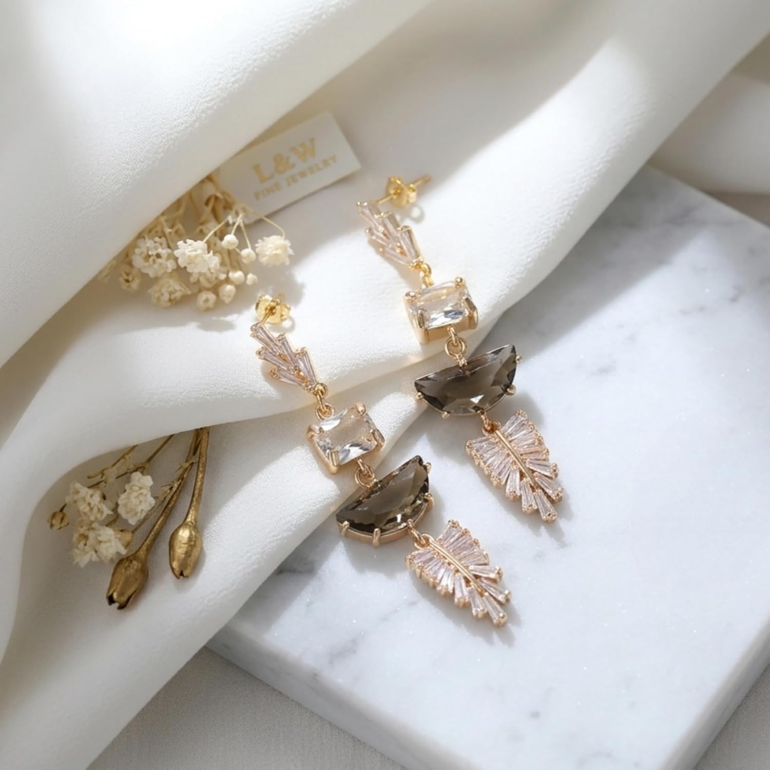 14K Gold Art Deco 1920s Crystal Sparkling Rhinestone Cubic Zirconia Chandelier Statement Vintage Dangle Drop Bridal Earrings for Weddings, Bridesmaids, and Prom Jewelry Gifts