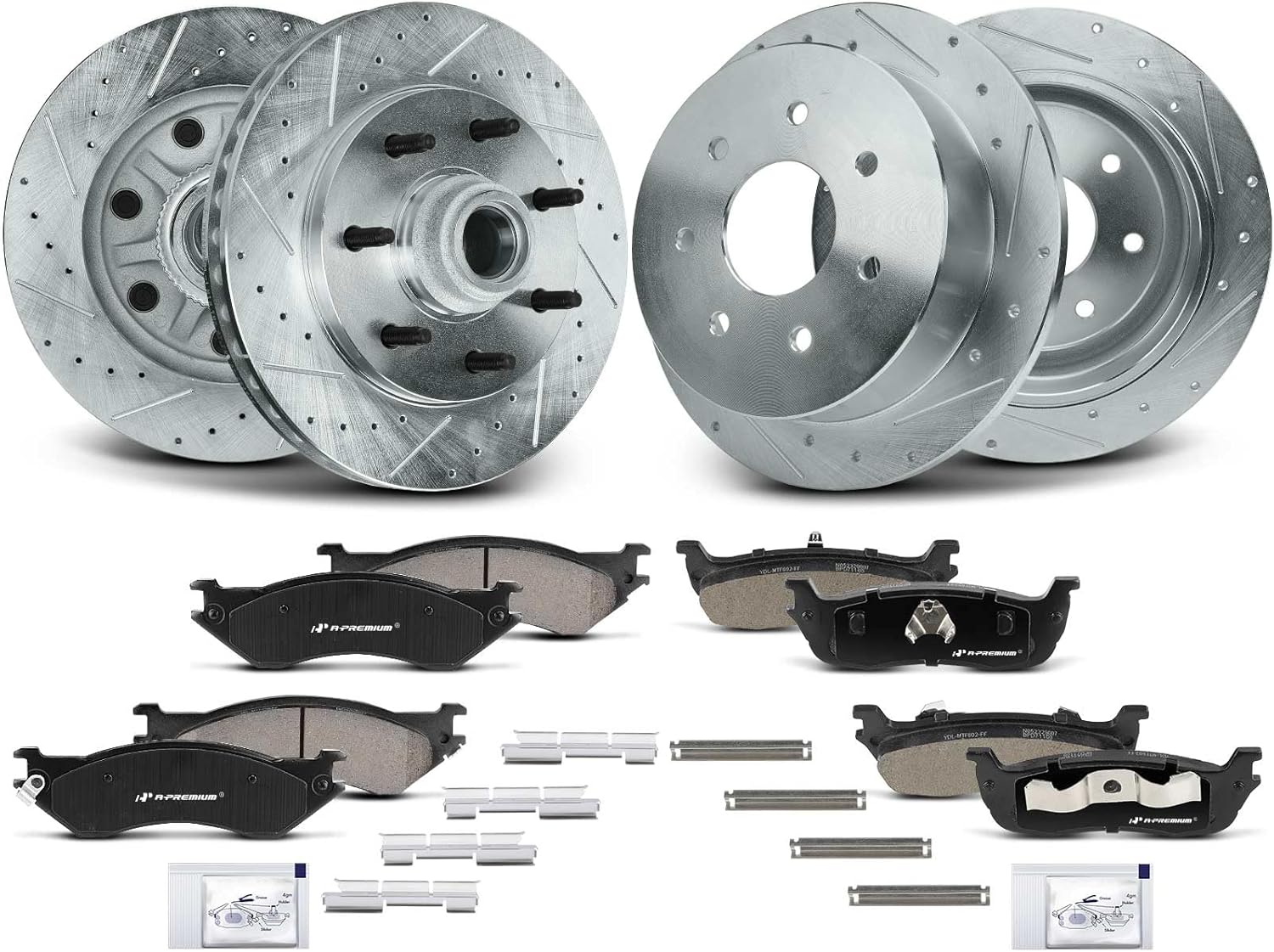a-premium front and rear drilled and slotted disc brake rotors + ceramic pads kit compatible with select ford models - f-150 f150 2000-2003, f-150 heritage 2004-2004, f-250 f250 1997-1999, 12-pc set 2000-2003 7-lug rwd(drilled & slotted)