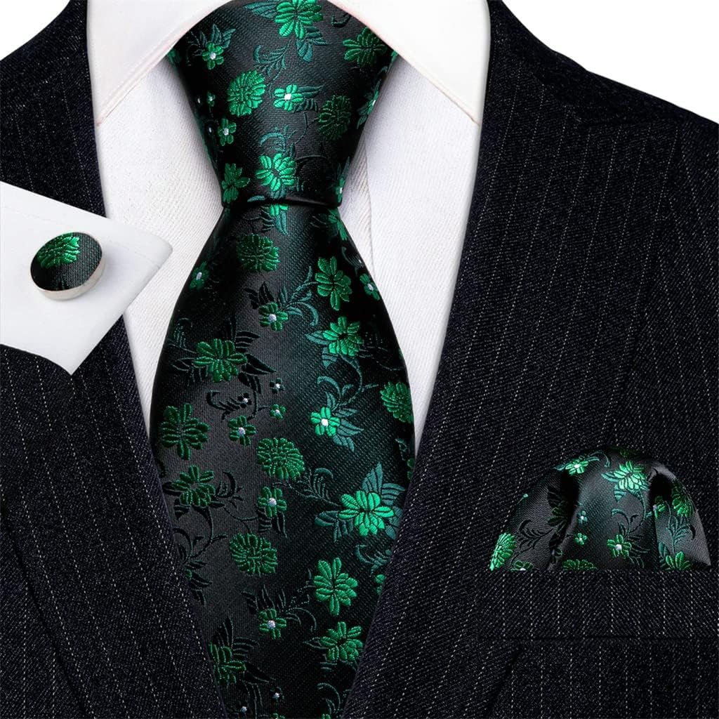 Mens Ties Green Black Floral Silk Neck Tie Pocket Cufflinks Set Wedding Business Gift