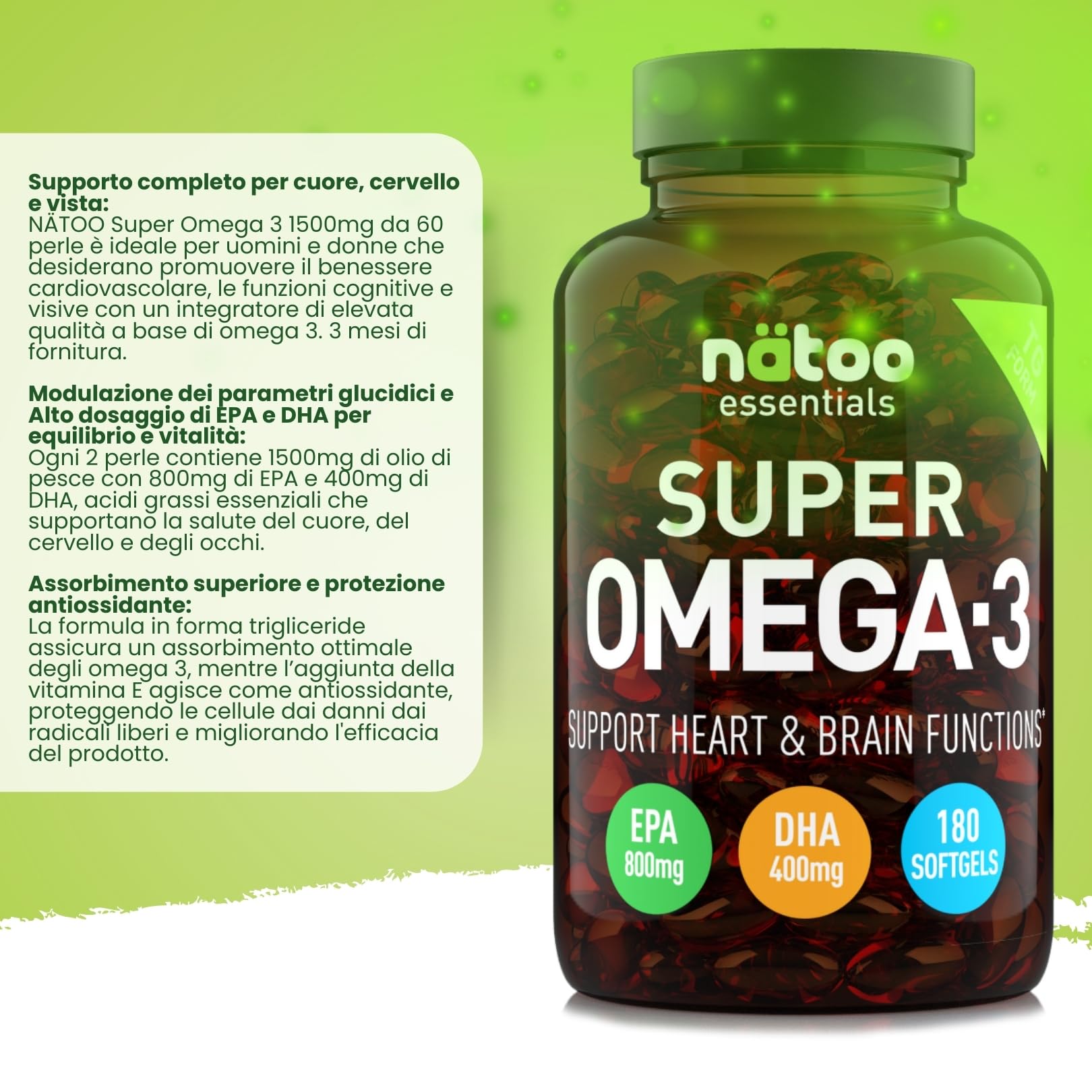 NÄTOO Super Omega 3 1500mg - Olio di pesce per il benessere di cuore, cervello e vista - Integratori con Olio di Pesce Alto Dosaggio Omega - 3 con Vitamina E, Epa 800mg e Dha 400mg (180 Perle)