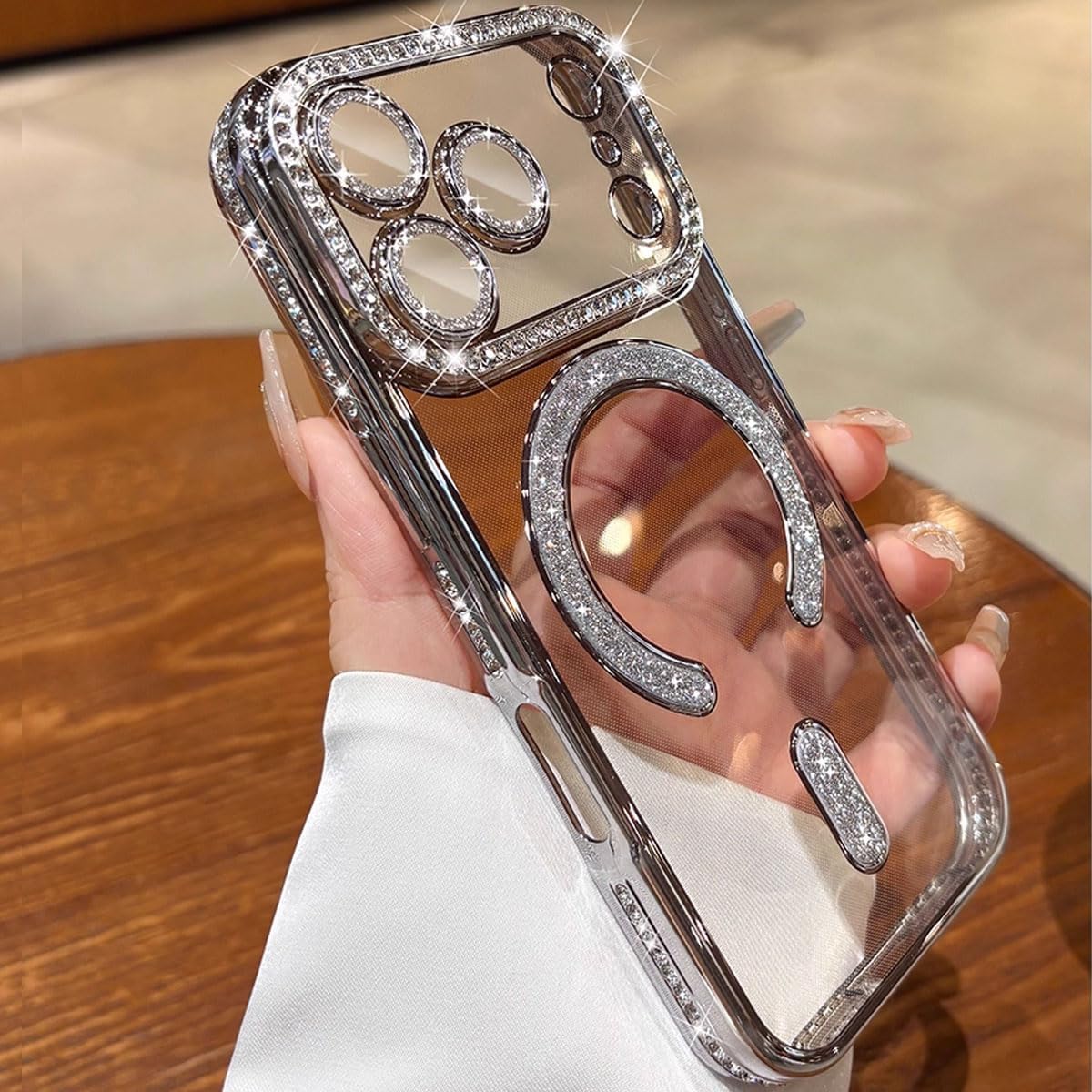 for iPhone 17 Pro Case Magnetic, [Compatible with MagSafe] Women Cute Clear Glitter Bling Diamond Rhinestone Sparkly Case Camera Lens Protectors Plating Cover, Silver - Image 5