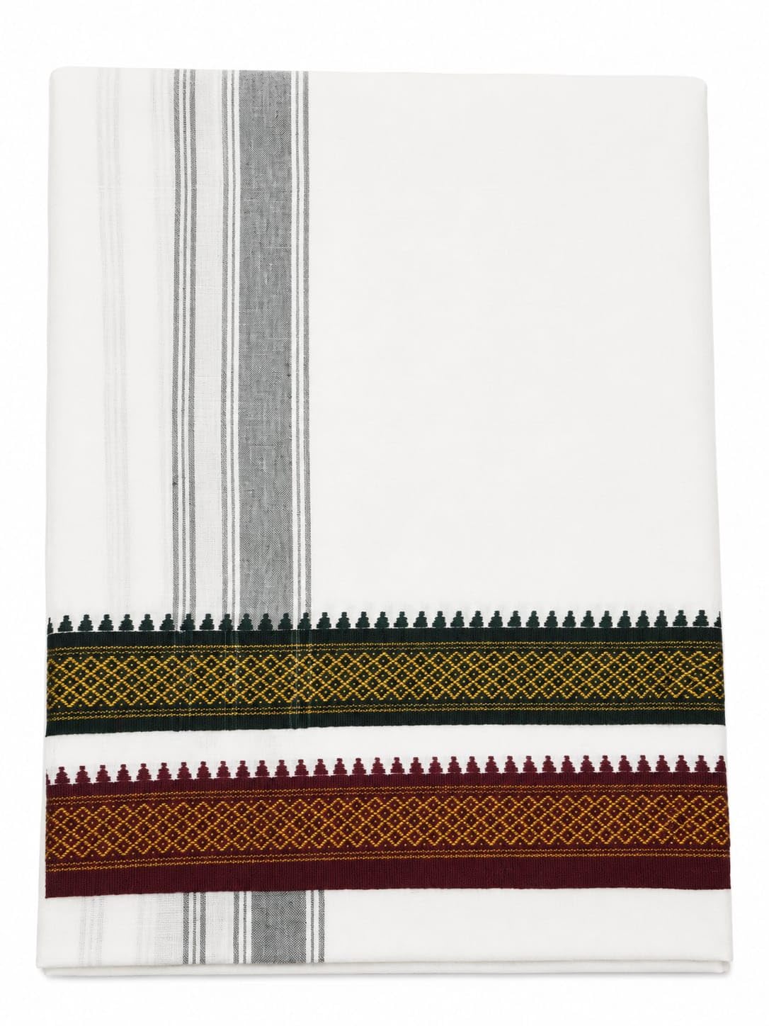 | Men's Traditional Single Dhoti 2 Meters White Colour with Temple Design Border.-picture-15