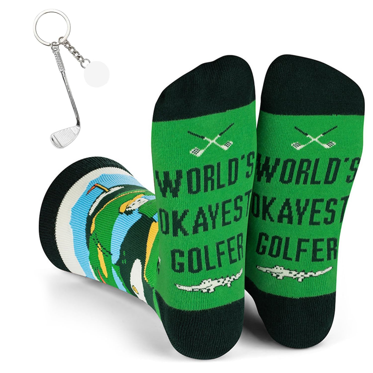 Difistik Golf Gift Set, Novelty Golf Socks and Keyring with Club & Ball | Golf Accessories for Men Cotton Funny Funky Socks | Golf Presents for Dad Grandpa | Casual Personalised Socks