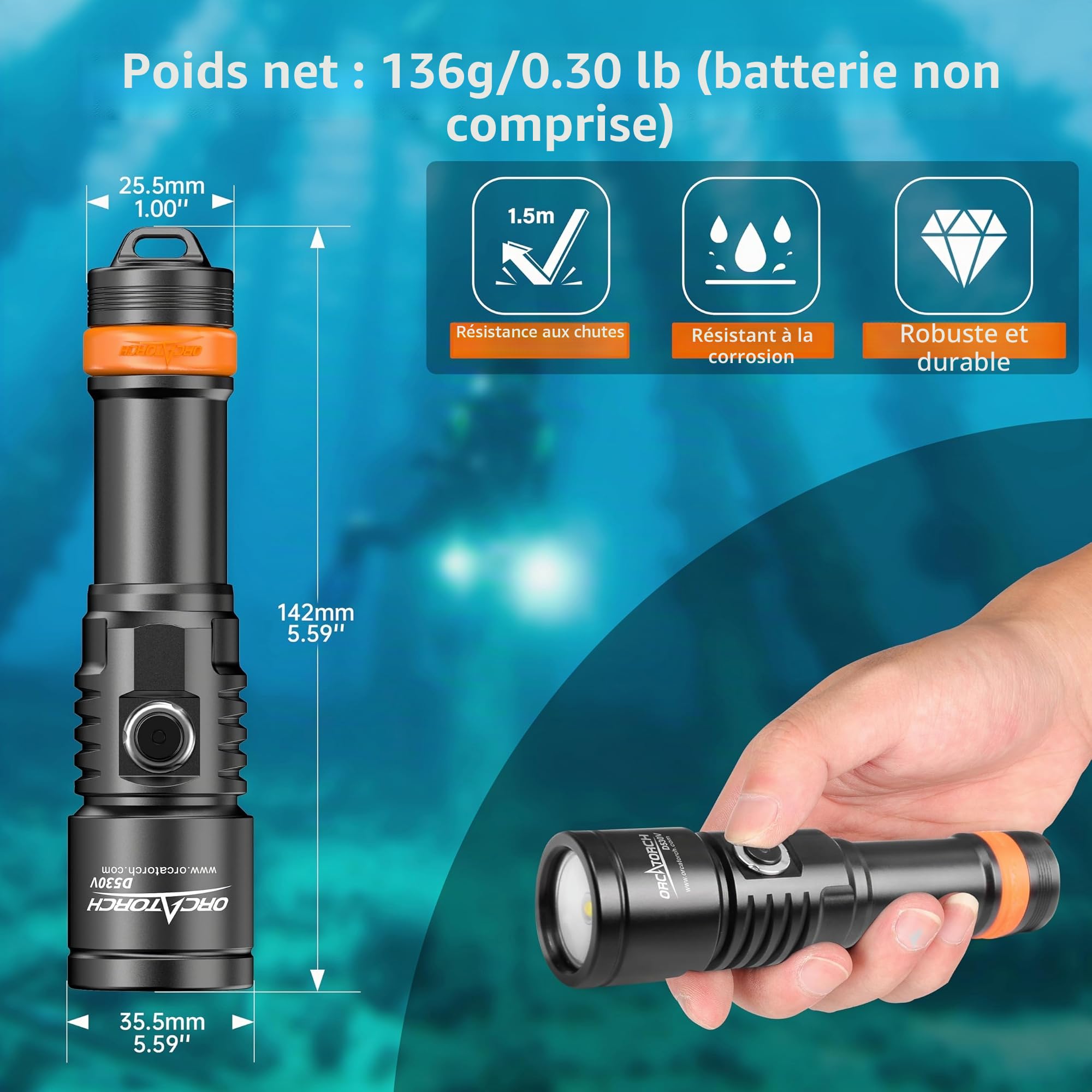 ORCATORCH D530V Lampes de Plongée Rechargeable, 1200 Lumen Lampe Vidéo de Plongée Sous Marine 140 Degrés Super Grand Angle de Faisceau, 150 Mètres Sous l'eau Avec Fonction de Verrouillage de Sécurité