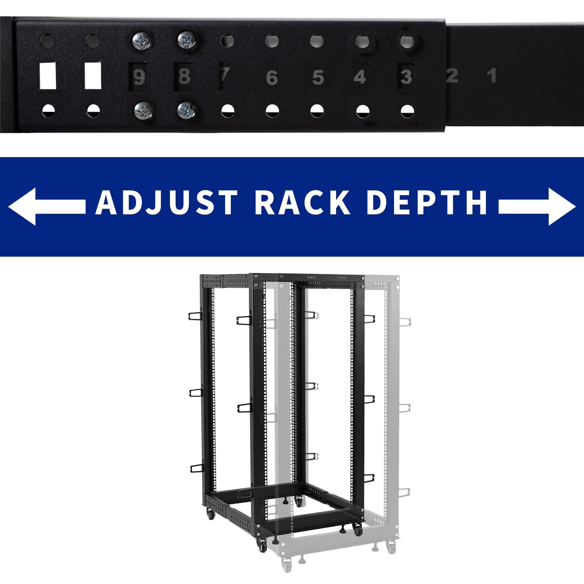 VIVO CART-SR25U - Rack per server a telaio aperto, 25U, profondità regolabile da 22 a 40 pollici, carrello mobile per server e apparecchiature AV di rete, nero