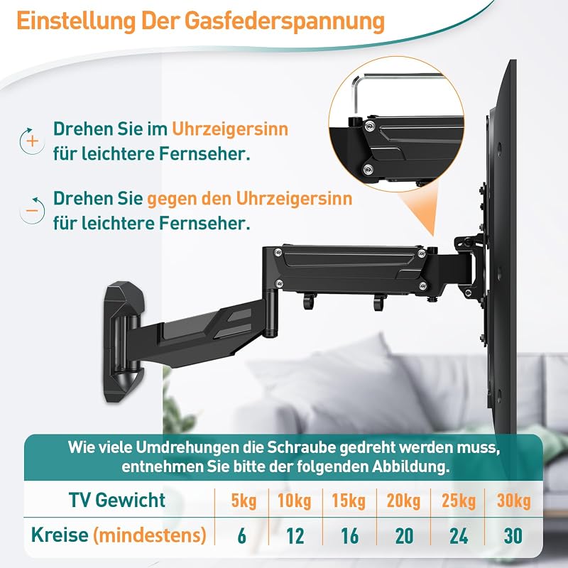 Suport TV și monitor de perete ELIVED reglabil pe înălțime, 23-55 inchi, până la 25 kg, VESA max 400x400, cu arc pe gaz, înclinabil și rotativ, EV031