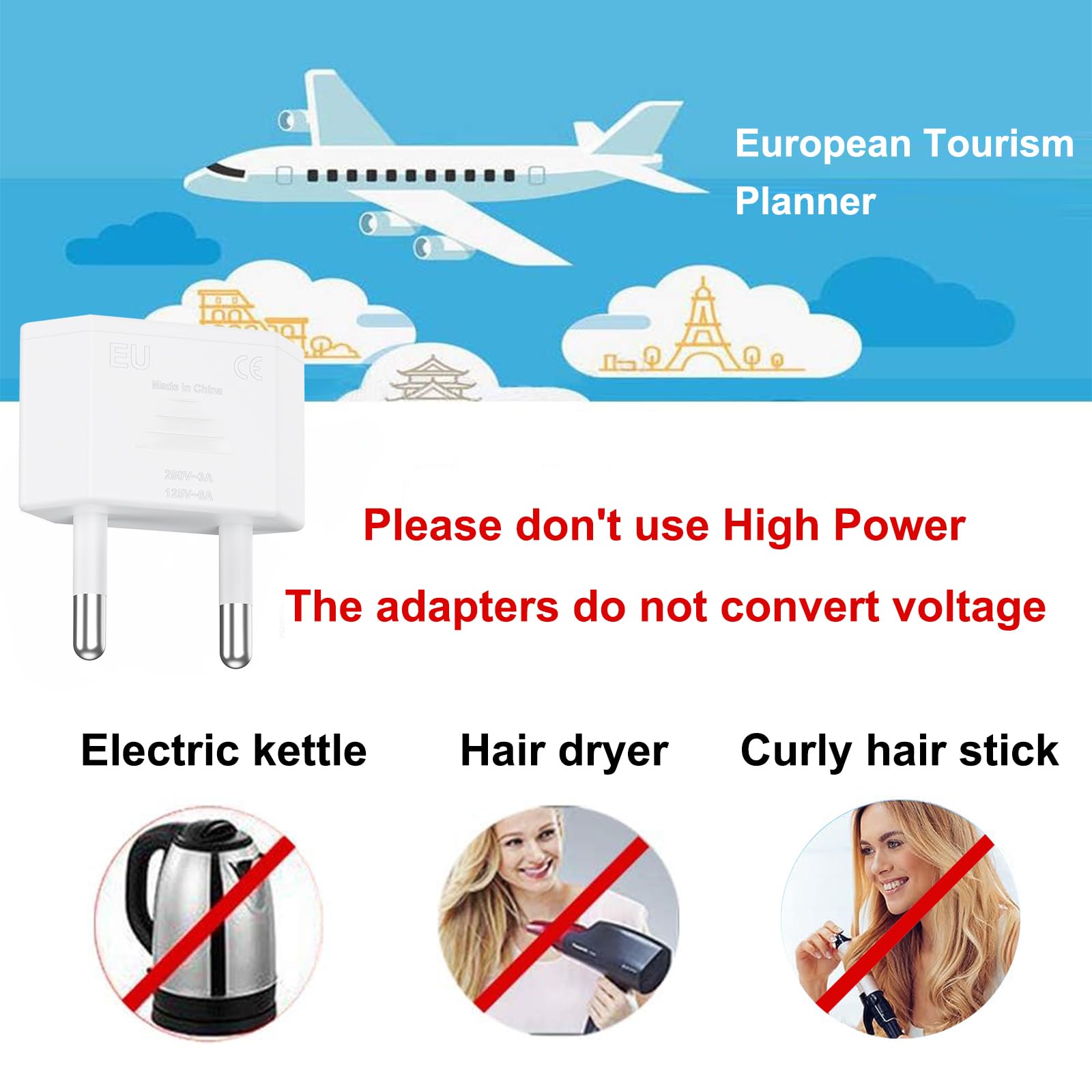 4 Pièces Adaptateur Prise USA vers France, Adaptateur Prise US vers EU (2 Broches) Prise Type A vers Type E/F pour Voyage Les États-Unis/Canada/Chine/Japon vers la France/l'europe - Blanc