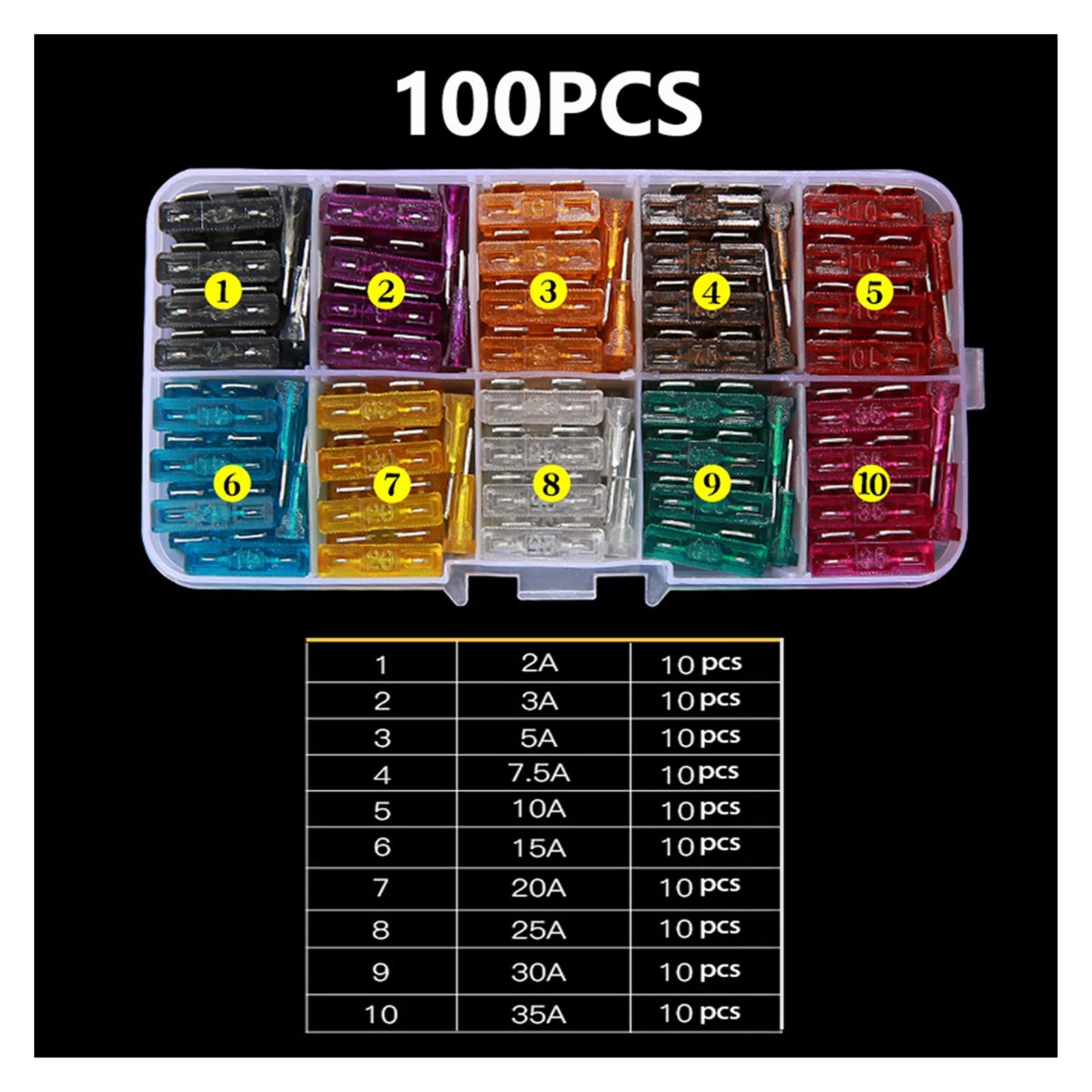 Kit de fusibles for coche de 100 uds, surtido de fusibles de cuchilla estándar for camión automático, 2A, 3A, 5A, 7,5 A, 10A, 15A, 20A, 25A, 30A, 35A Cableado de protección