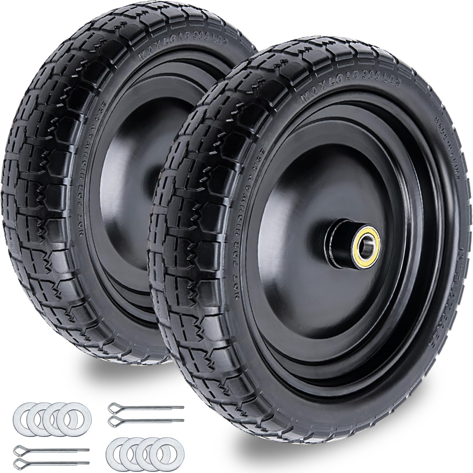 (2 Pack 13" Solid Rubber Tires, 3/4" Axle Inner Diameter Puncture Free 4.00 to 6", 2.17" Offset Hub for Gor Garden Carts, Wheelbarrows, Carr