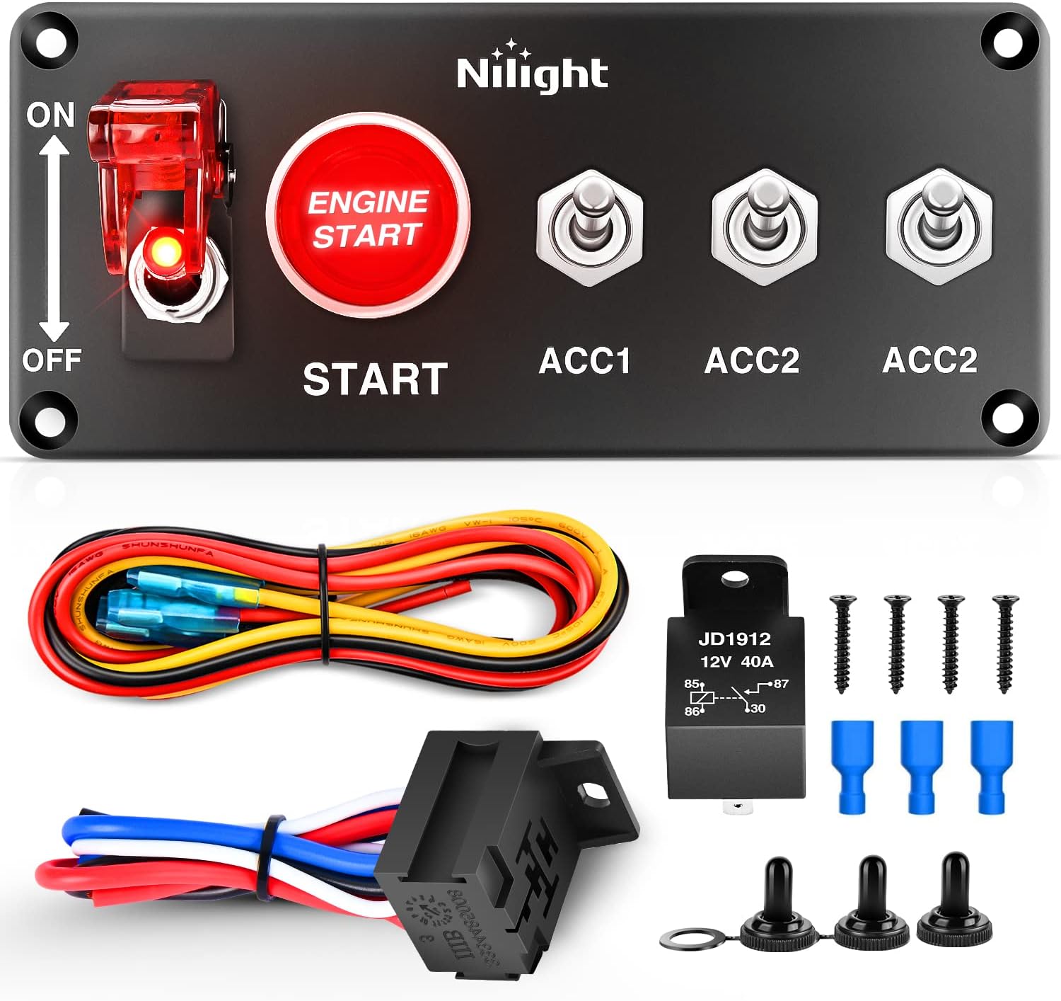 Nilight Ignition Rocker Switch Panel 12V 5 in 1 with Engine Push Button Toggle Switches with Relay Wiring Harness LED for RV Truck Racing Car Boat Marine Trailer