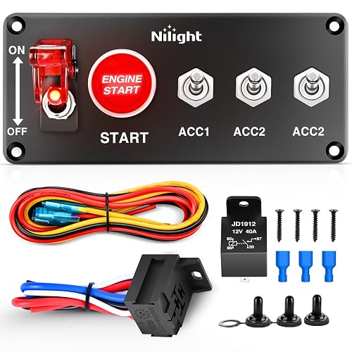 Nilight Ignition Switch Panel with Engine Push Button 12V 5 in 1 | Rocker Toggle Switches with Relay Wiring Harness LED for RV Truck Racing Car Boat Marine Trailer