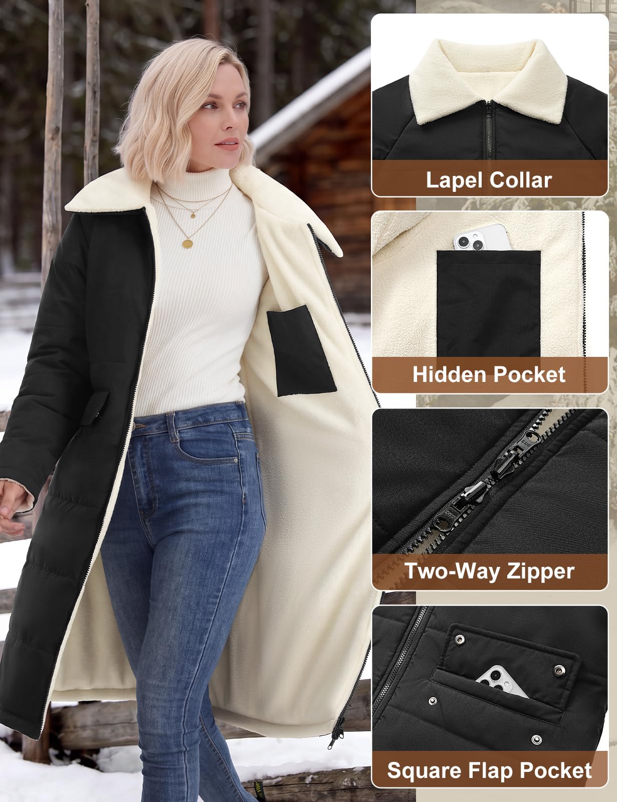 Tuopuda Manteau Femme Hiver Long Veste Polaire Chaud Parkas Matelassée Élégant à Col Blouson Zippée Coupe-vent Casual Manteaux Manches Longues avec Poches