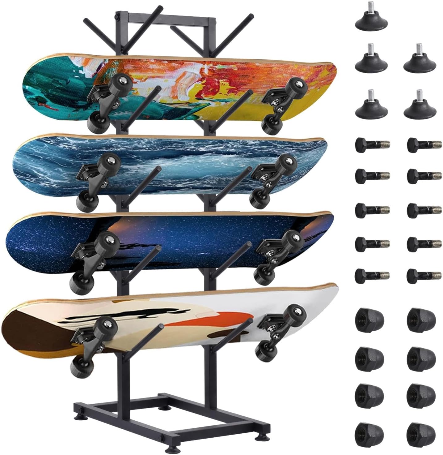5-Tiers Skateboard Rack, Free Standing Water Ski Rack Wakeboard, Standing Skateboard Display Stand, Single Sided Floor Standing Surfboard Storage Organizer (Single Sided)