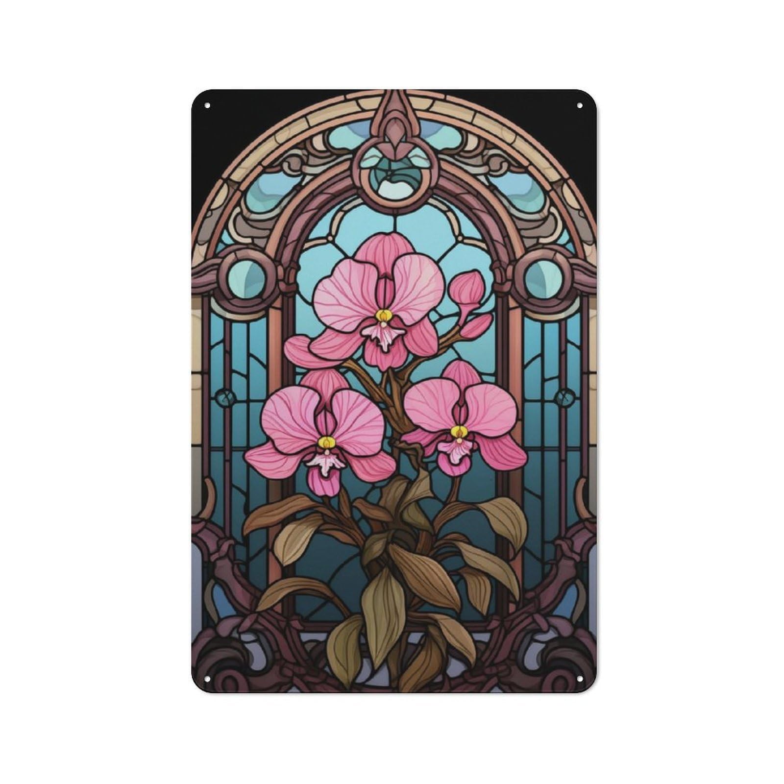 Junmoney Stained Glass Orchid For Garden Room Or Summerhouse, Vintage Tin Sign 30X20cm, A Metal Wall Feature For Garden Rooms And Summerhouses