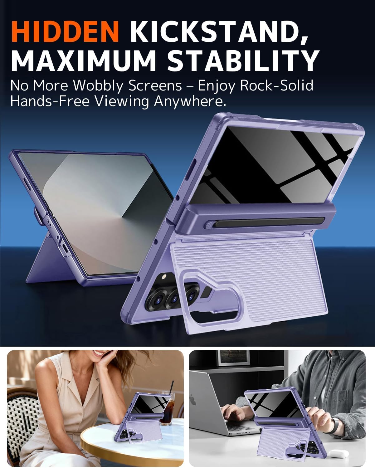NINKI for Samsung Galaxy Z Fold 6 Case with S Pen Holder & Stylus & Hidden Kickstand, Magnetic Privacy Screen Protector Hinge Phone S-Pen Cover for Samsung Z Fold 6 Case with Slim S Pen Slot – Purple