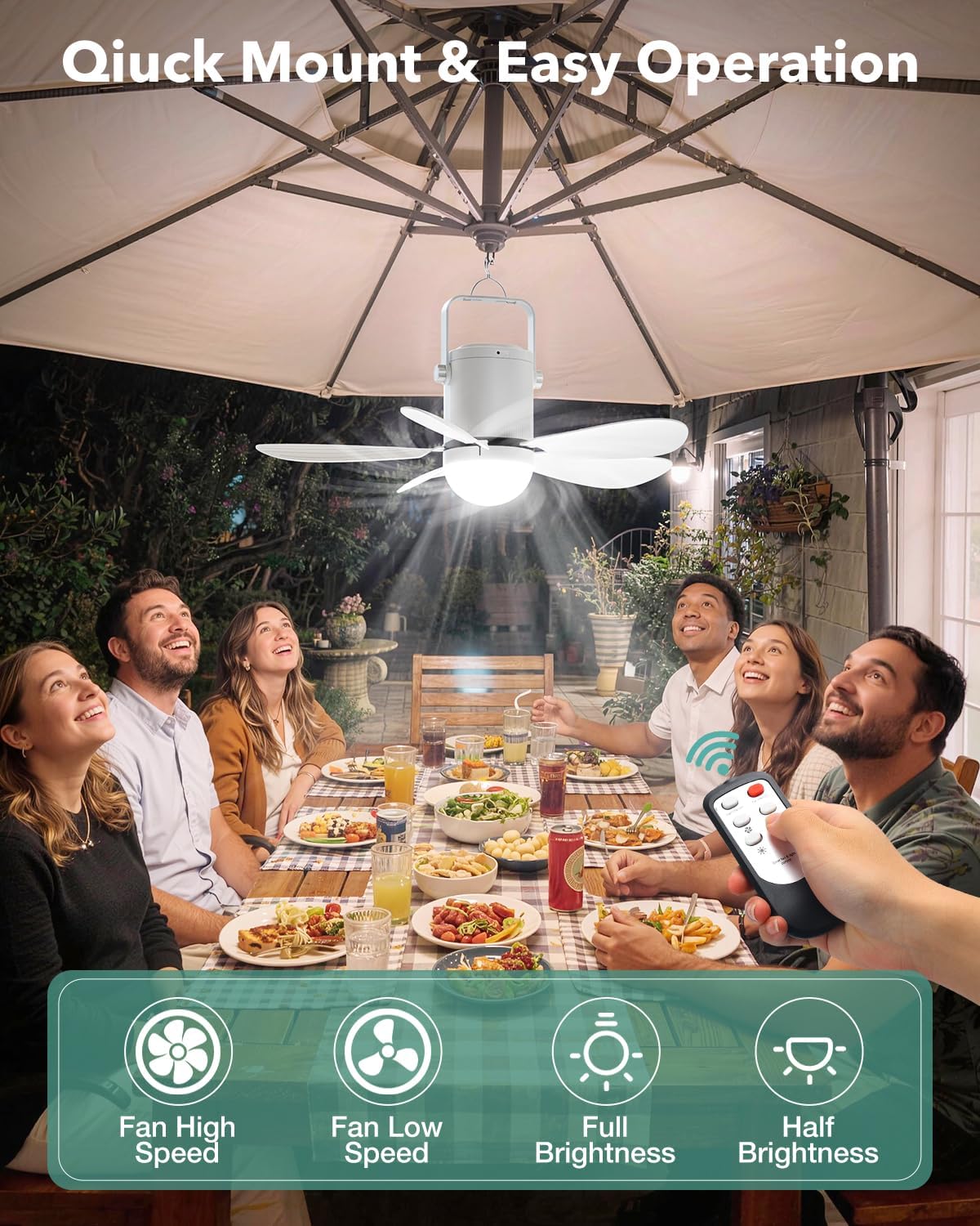 21” Ceiling Fan Light, Portable Battery Operated Gazebo Fan with Remote Control & Fast Charging Cable, Rechargeable Wireless Camping Fan Outside, for Outside Tent Porch Canopy Pergola RV