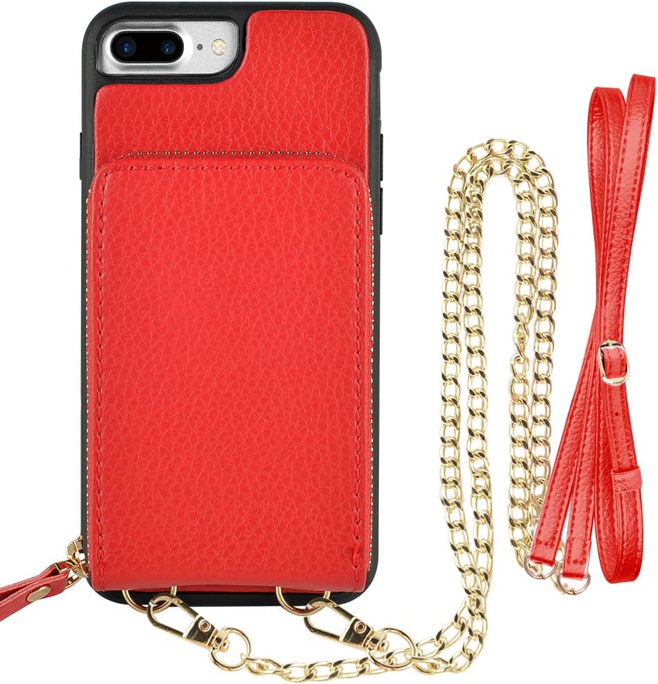iPhone 8 Plus Wallet Case, JLFCH iPhone 7 Plus Wallet Zipper Case with Credit Card Slot Card Holder Crossbody Strap Purse Leather Handbag Case for iPhone 7/8 Plus 5.5 inch - Red