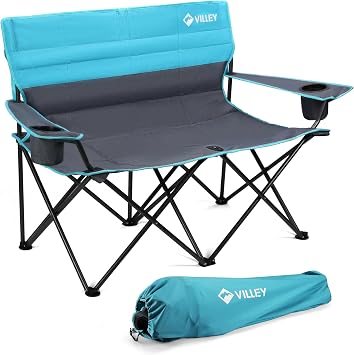 VILLEY Double Camping Chair Extra Wide Love Seat Heavy Duty Padded Camp Couch Portable Folding Camping Chair with Carrying Bag Steel Frame for Camping Lawn Picnic Sports Cup Holder 500lb Capacity