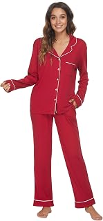 Womens Pajama Set, Soft Long Sleeve Pajamas & Long Pants with Pockets, Warm Button-up Sleepwear Lounge Pjs, A-burgundy-l, Medium