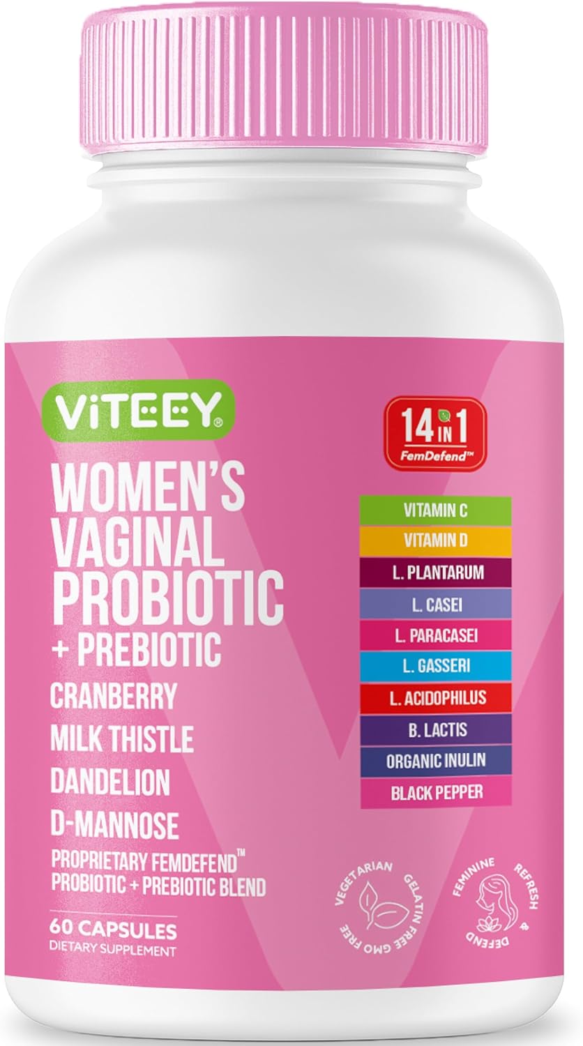 Viteey 14in1 FemDefend Womans Vaginal Probiotic with Prebiotic Capsule Blend 60 Count 1 Pack