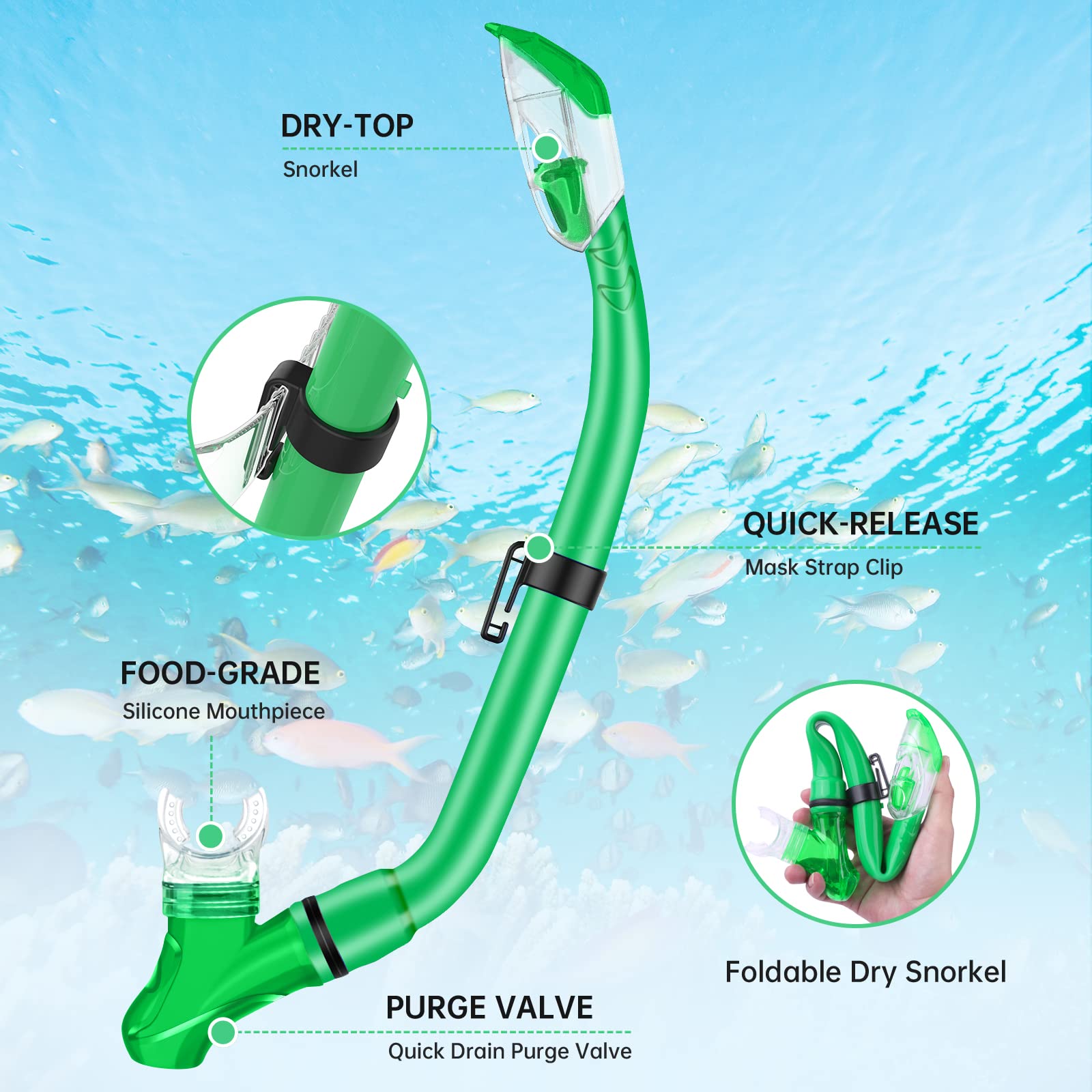 JEMULICE Maschera Subacquea Bambini, Set da Snorkeling per Bambini con Tubi a Secco e Occhiali da Snorkeling Anti-Fog Panoramica a 180 Gradi, Snorkel Set, Maschera Snorkeling per Bambino e Adolescenti
