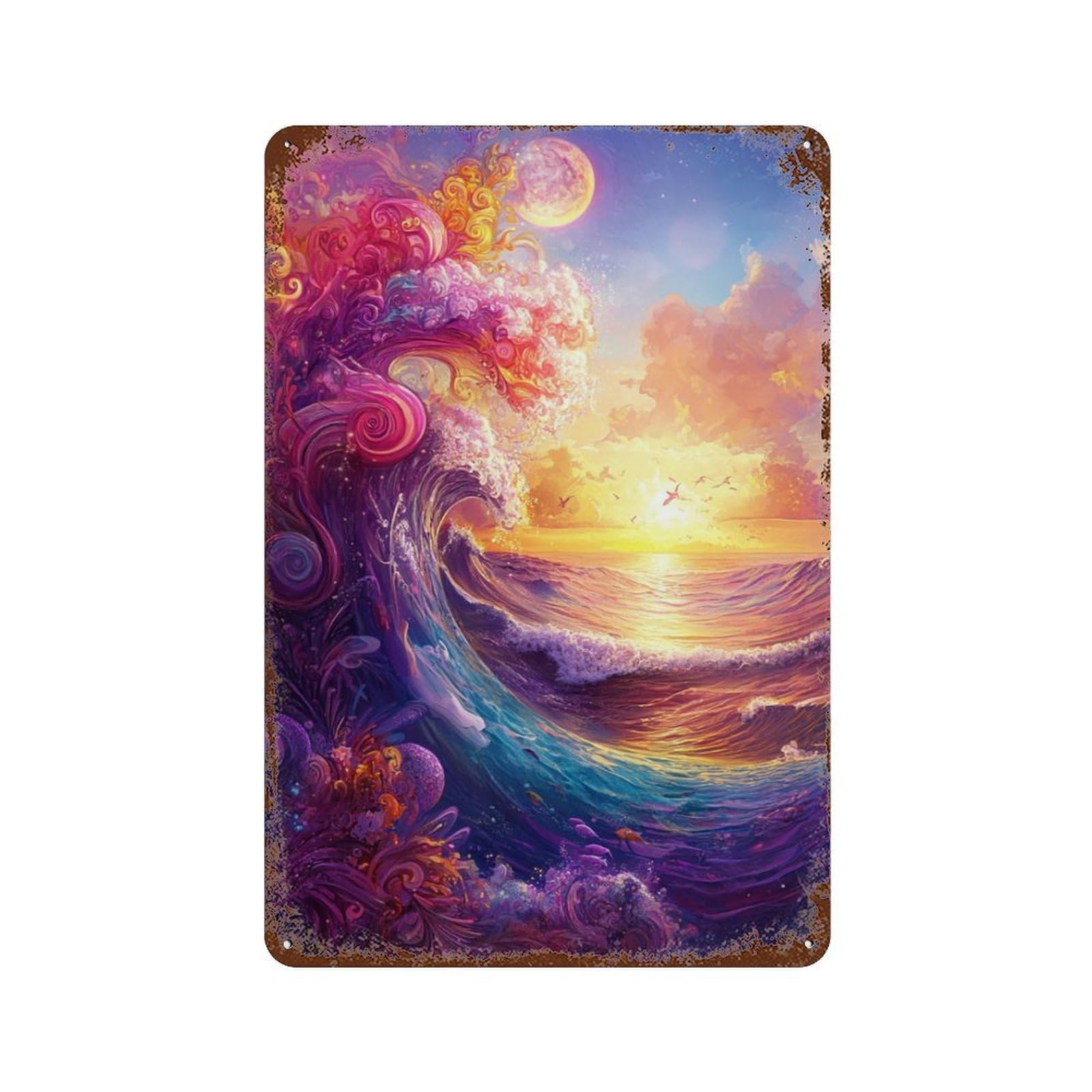 Garage Style Ocean Sunset Wave Art Vintage Metal Tin Sign 11.8"x7.9", Classic Wall Plaque for Bar And Workshop