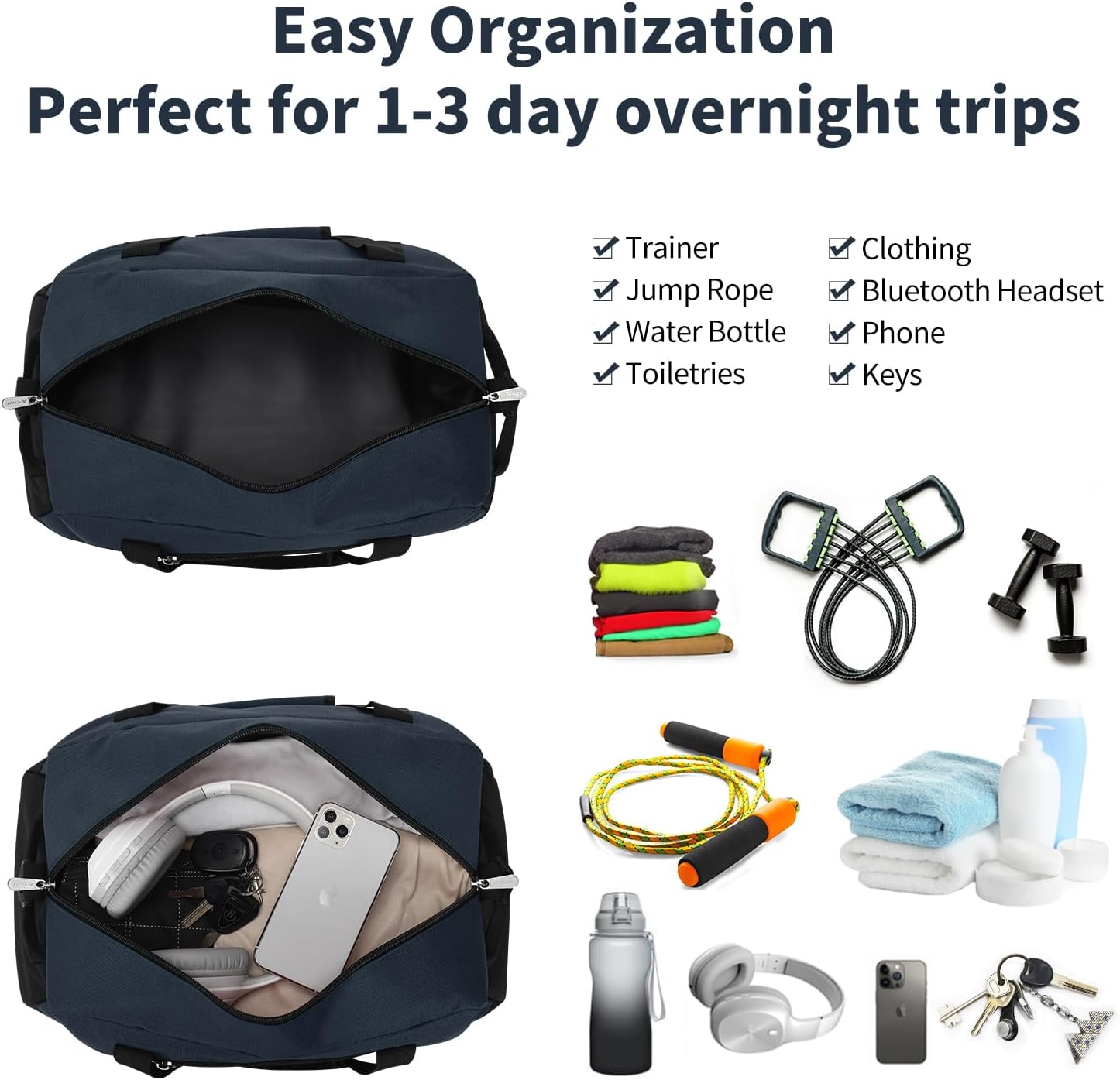 Small Gym Bag 18 inch Carry On Duffel Bag for Weekender Travel - Navy Blue - Image 2