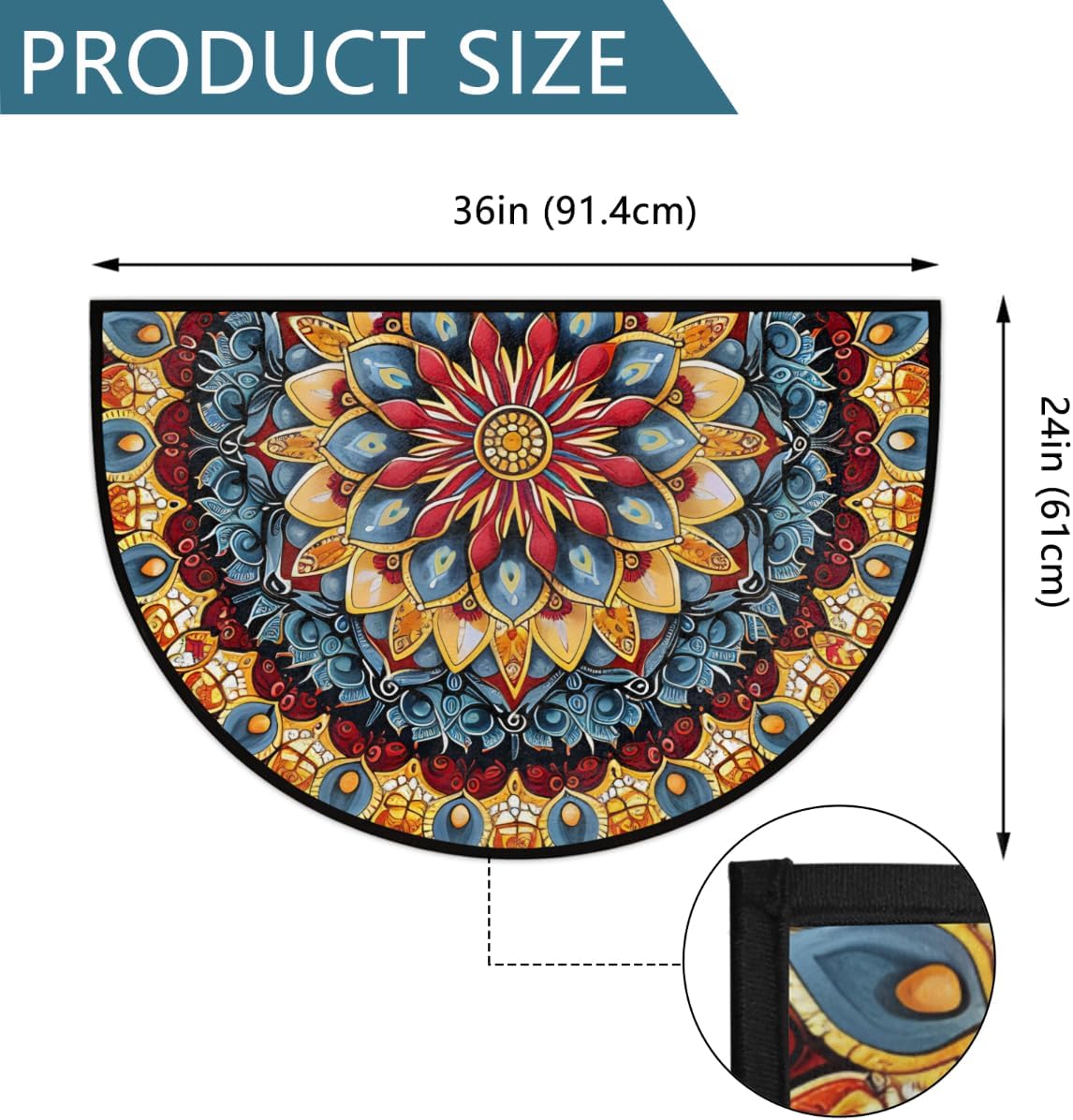 Front Door Mat Indoor Outdoor Entrance, Boho Mandala Flower Floral Half Round Door Mat Absorbent Non-Slip Backing Welcome Doormat Patio Entryway Low Profile Floor Mats for Kitchen Fireplace 36" x 24"