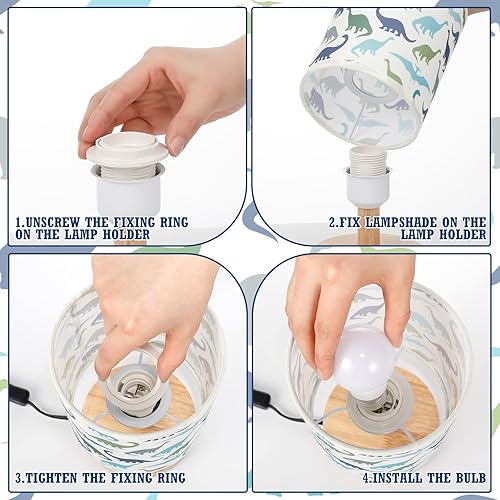 Vista 7 de VIHOSE Lámpara de mesa de dinosaurio para niños, lámpara de mesita de noche para dormitorio, con pantalla de noche de lino y madera para niños