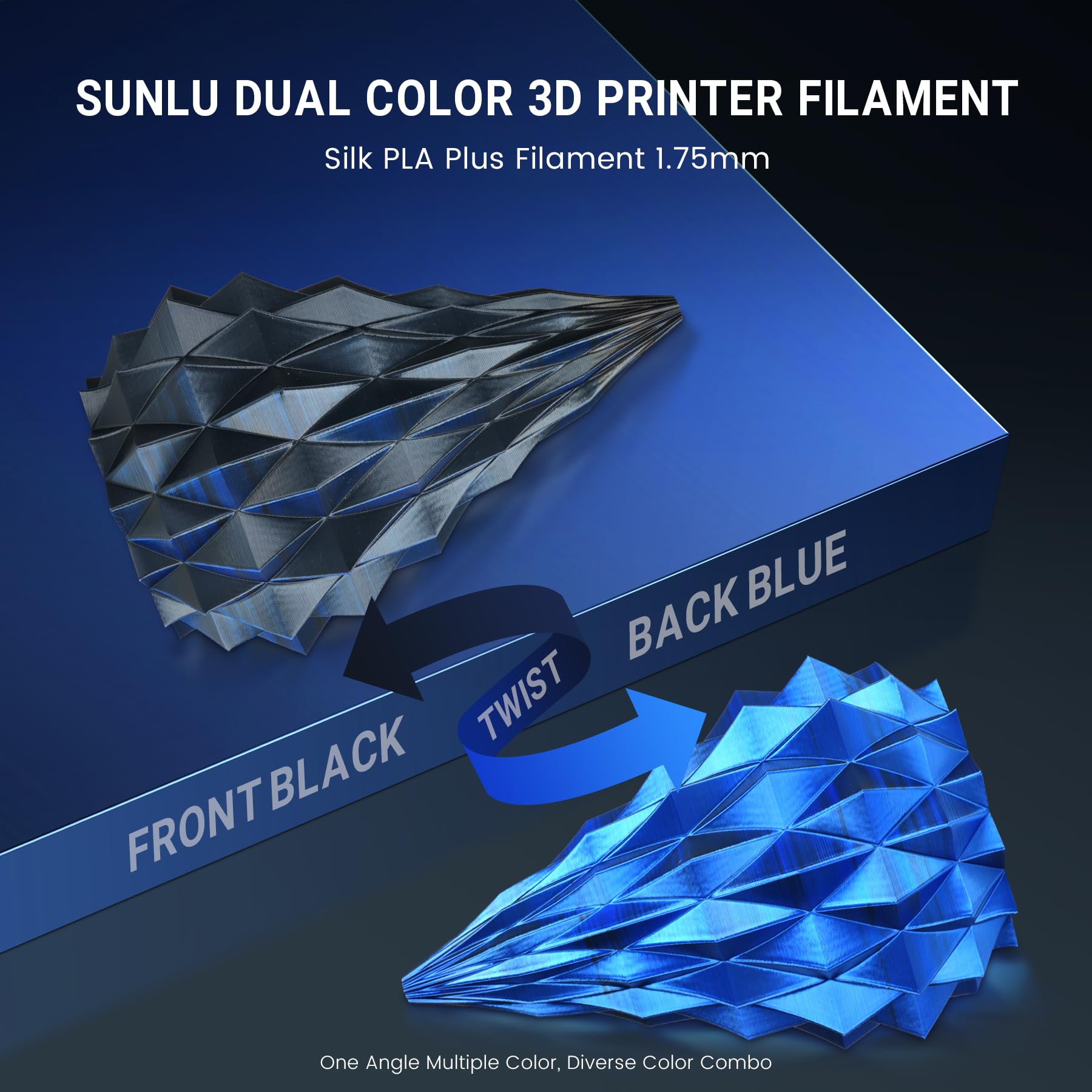 SUNLU Silk PLA Plus Filamento per stampante 3D, Filamento PLA+ Lucido a Doppio Colore da 1.75mm, 360° Svela Vari Colori, Precisione Dimensionale +/- 0.02mm, Bobina da 1kg, Nero Blu