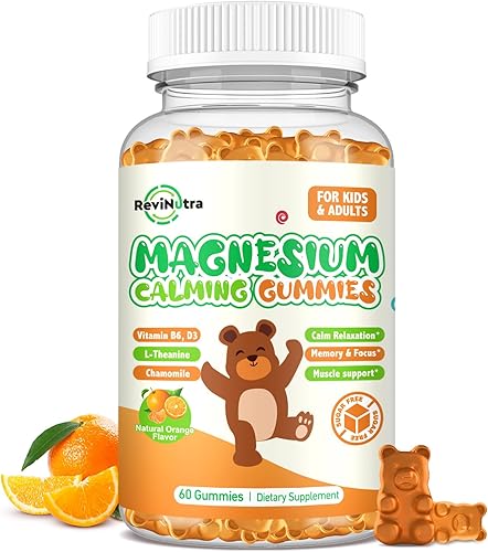 Gomitas de magnesio para niños  Suplemento de gomitas de glicinato de magnesio con L-teanina, vitamina B6, D3 para adultos y niños, magnesio