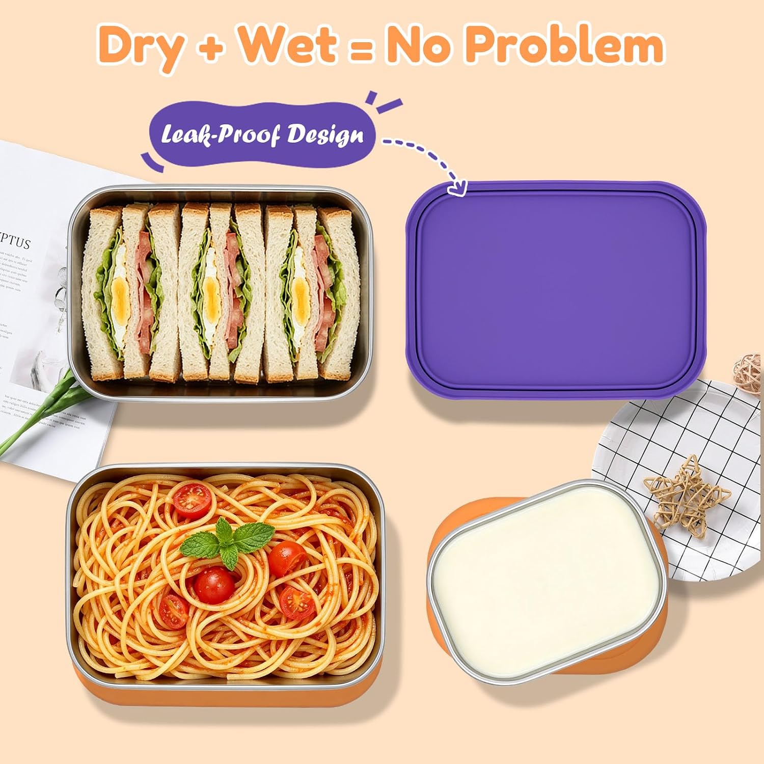 4-Pack Large Stainless Steel Snack Containers with Leak Proof Silicone Lids - Reusable Food Storage Containers Bento Snack Lunch Box for Kids, Teens & Adults (2 x 25oz + 2 x 8oz), PO