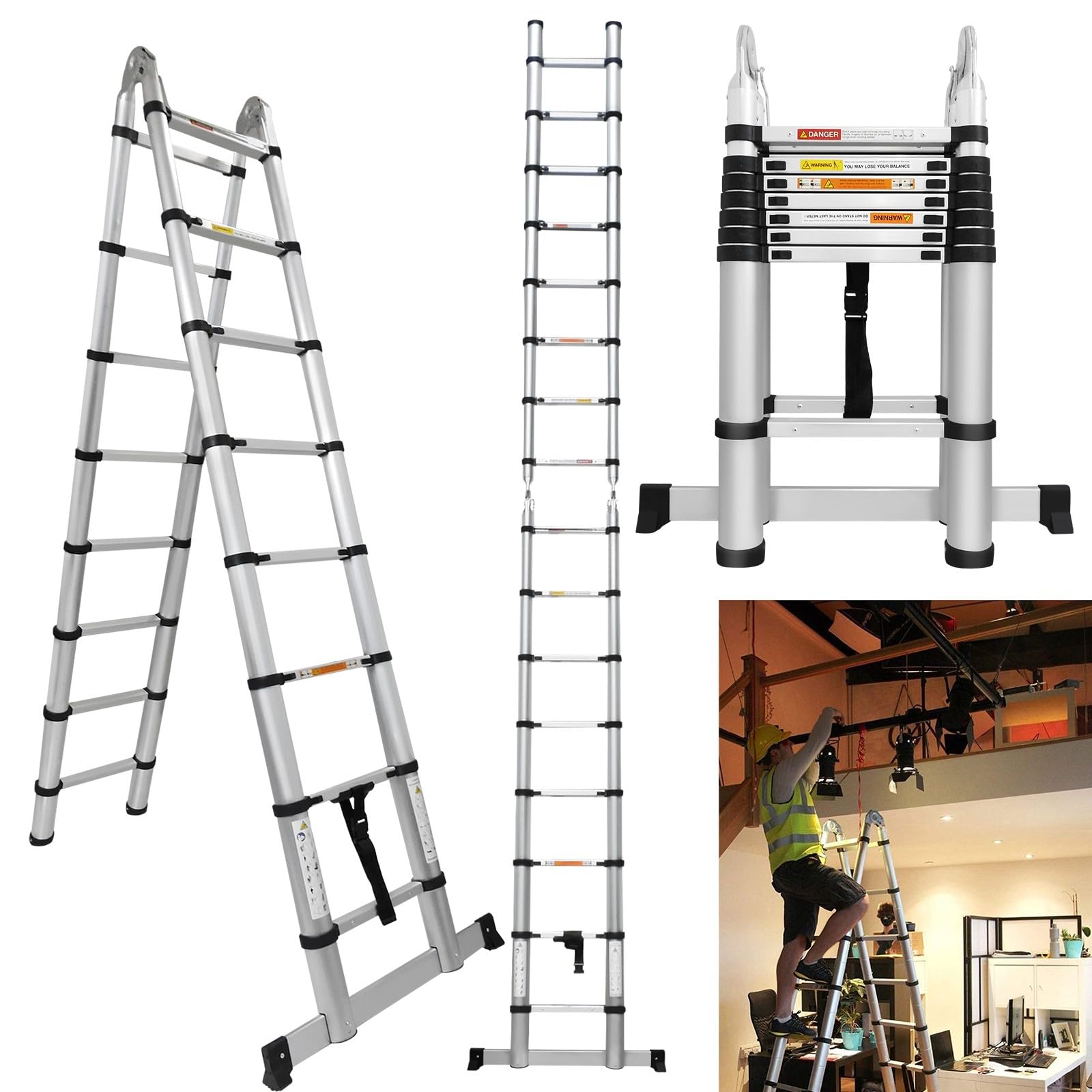 Ladder A Frame Telescopic Multi-purpose Ladder DIY Aluminium Portable Folding Extendable Extension Ladder, Folding Step Ladder with Stabilizer Bar for Outdoor Home, Max Load 330lbs (2.5+2.5 M) — image 1
