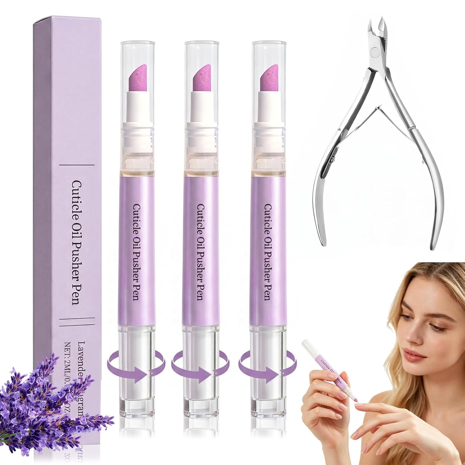 3Pcs 2-in-1 Cuticle Oil Pusher Pen,Ceramic Cuticle Pusher with Cuticle Nipper,Nail Care Tool Designed for Hangnails,Dry and Damaged Nails,Moisturizes,Strengthens and Brightens Nails