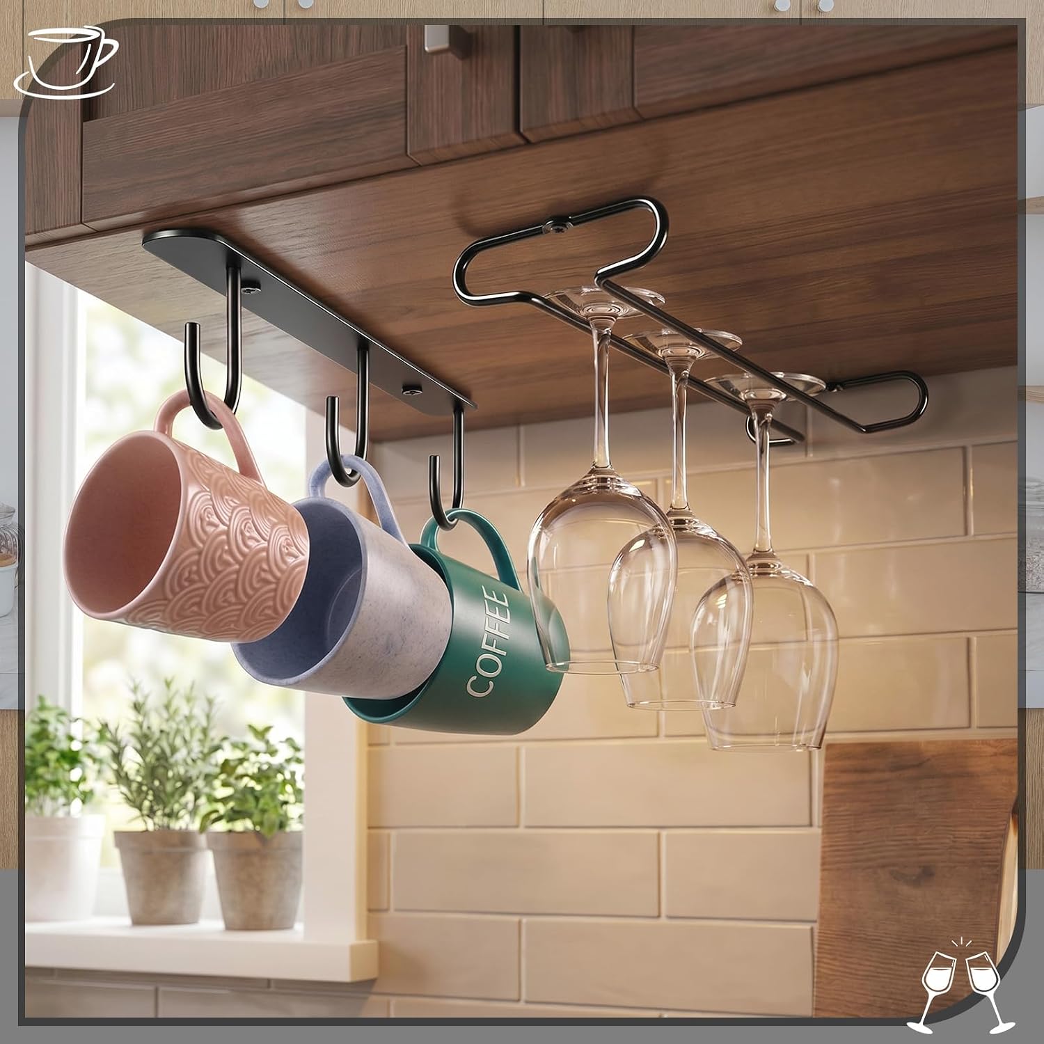 4 Pcs Under Cabinet Racks Include 2 Wine Glass Racks and 2 Mug Hooks Under Cabinet Under Shelf Rack Coffee Mug Glass Storage Hanger Organizer for Kitchen and Bar
