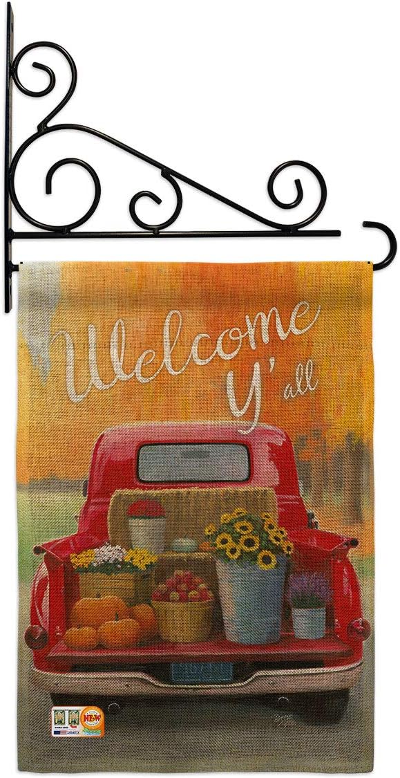 Welcome Harvest Truck Garden Flag - Set Wall Holder Fall & Autumn Scarecrow Pumkins Sunflower Leaves Season Autumntime Gathering - House Banner Small Yard Gift Double-Sided Made In USA 13 X 18.5