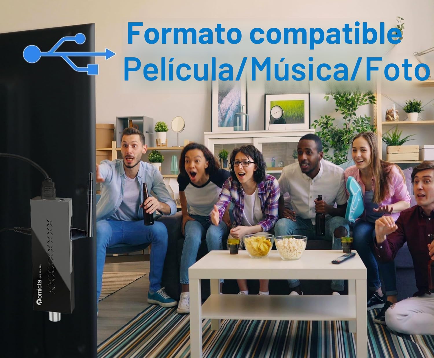 Romicta Decodificador TDT HD 2025 - TDT para TV Antigua,Sintonizador DVB-T2/C H.265 HEVC, Full HD 1080p, USB PVR, HDMI, WiFi USB, Youtube, LCN, Control Remoto Universal 2 en 1.