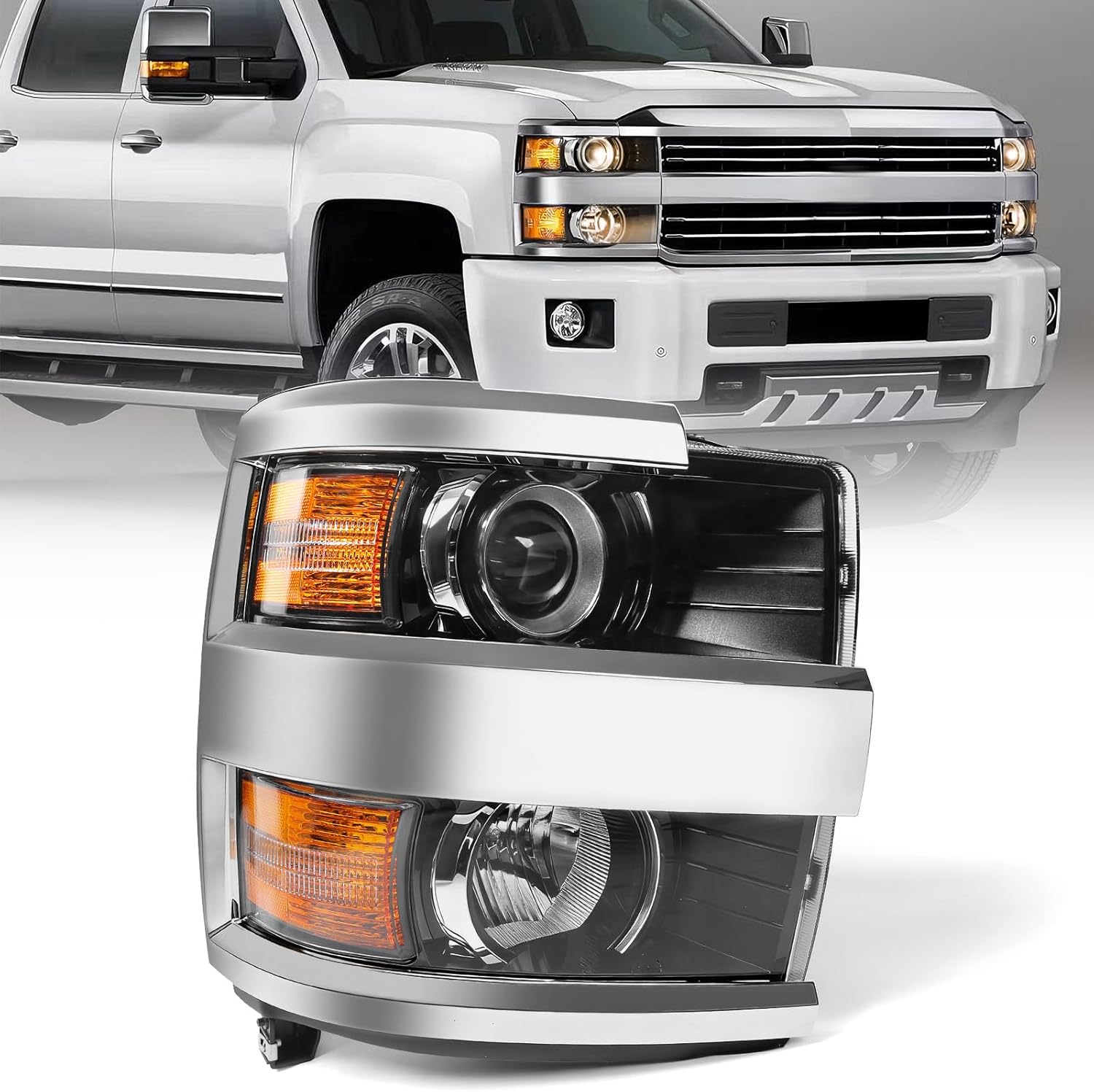 FIONE Halogen Headlight Assembly Compatible with Chevy Silverado 2500 3500 HD 2015-2019 GM2502416 84388592 Chrome Housing Headlamp LH Left Driver