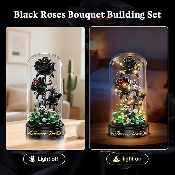 HiWEEGO Flower Building Set with LED Light & Dust Cover 232 PCS | Black Rose Building Blocks Kit, Gift for Birthday Adults 3.6MM Flower Botanical Collection Block Toy Home Decor