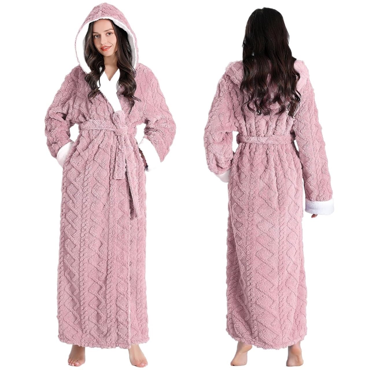 Szlafrok Damski Długi Szlafrok Z Polaru Sherpa, Kapturem, Żakardowy, Ciepły Zimowy Płaszcz Odzież(Pink,M)