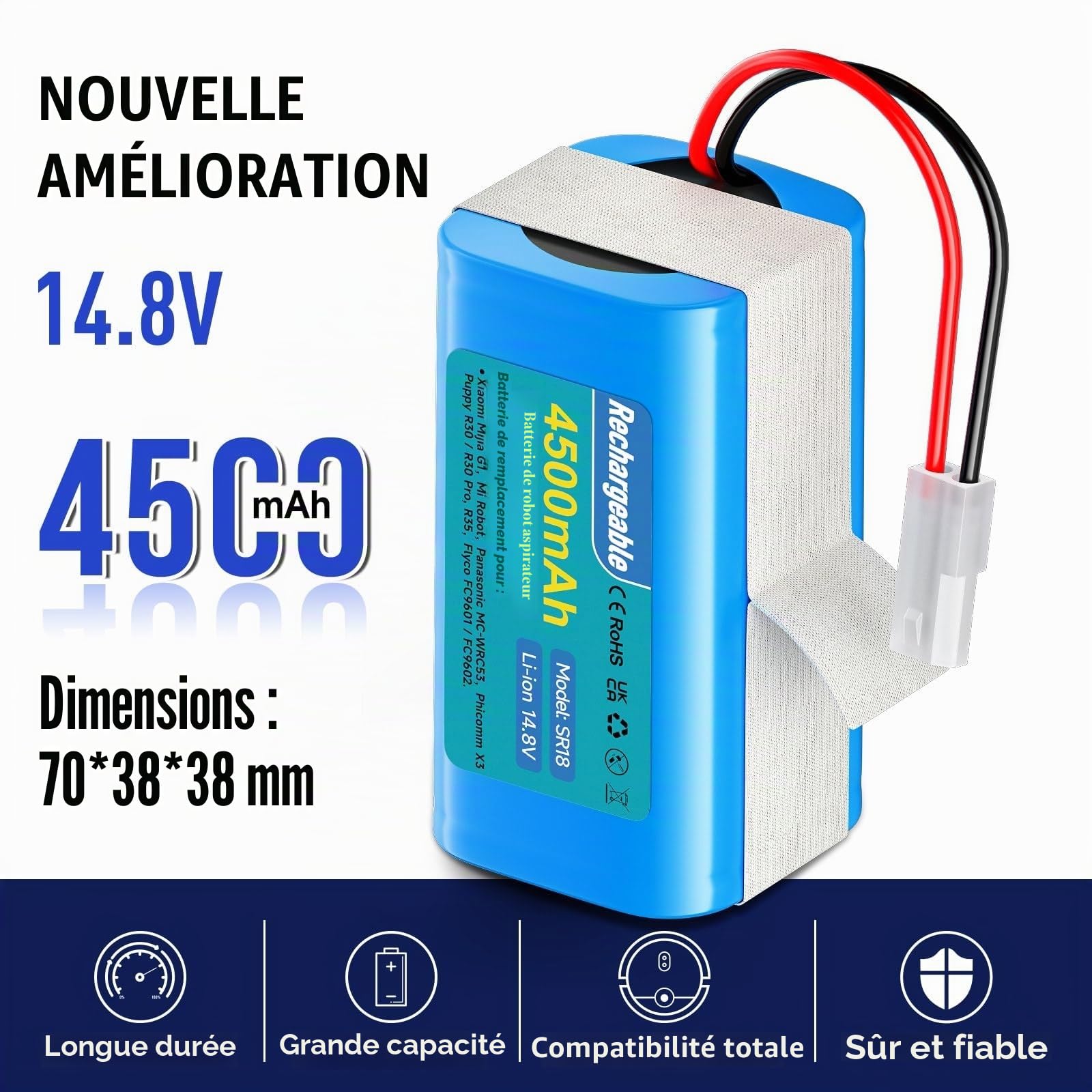 4500mAh Batterie pour Rowenta Explorer Serie 20 40 45 50 60, pour Rowenta RS-RT900866, pour Tefal Explorer 60 50 45 40 20 Serie, CMICR18650F5, pour Xiaomi Mijia G1 Mi Robot, H18650CH-4S1P
