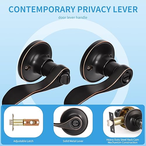 Miniatura 6 de Paquete de 3 manijas de puerta interiores, manijas de puerta de bronce aceitado para dormitorio y baño, cerradura de puerta de privacidad sin llave,