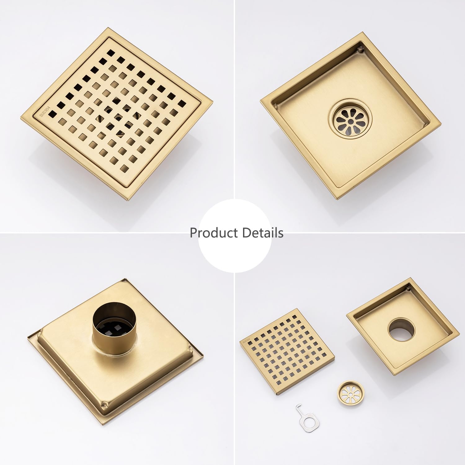 SISEHO"6-inch square floor drain pipe, 304 stainless steel bathroom/shower drain cover anti-blocking design, rust prevention, easy installation, with detachable filter screen" (6 Inch Brushed Gold)