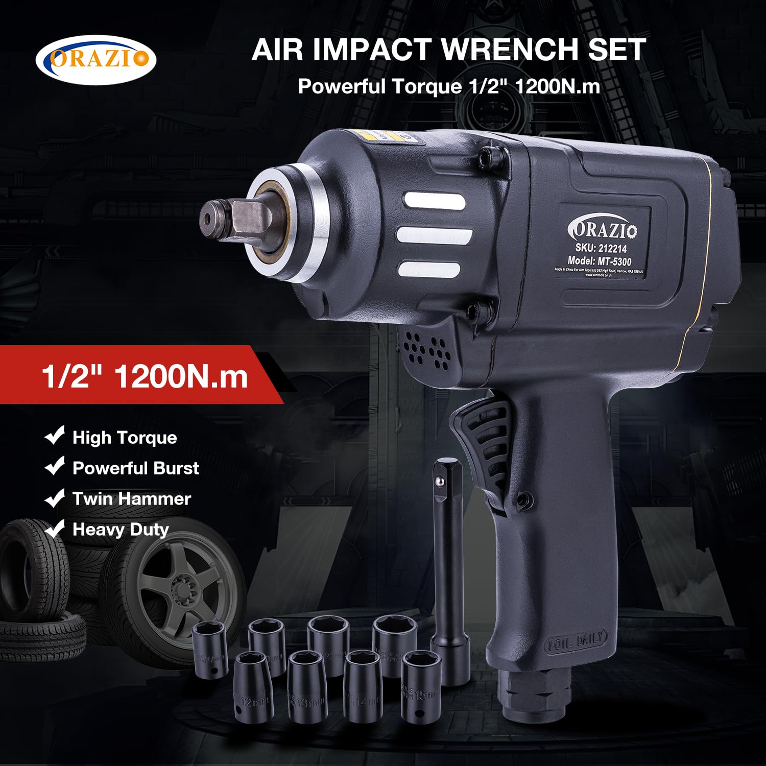 ORAZIO 1/2" Air Impact Wrench 1200NM, Twin Hammer, 8 Sockets 12-24mm - Image 3