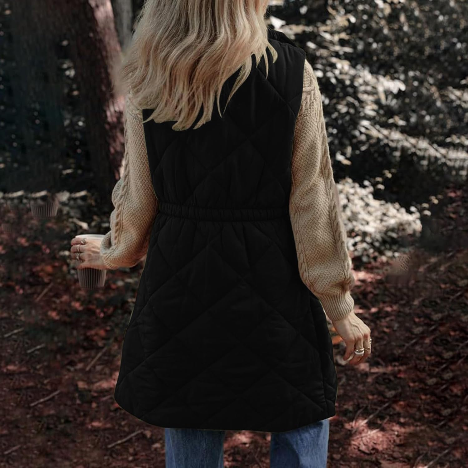Borniu Women's Long Puffer Vest Lightweight Quilted Stand Collar Sleeveless Jackets Fall Button Zip Up Warm Coat Outerwear