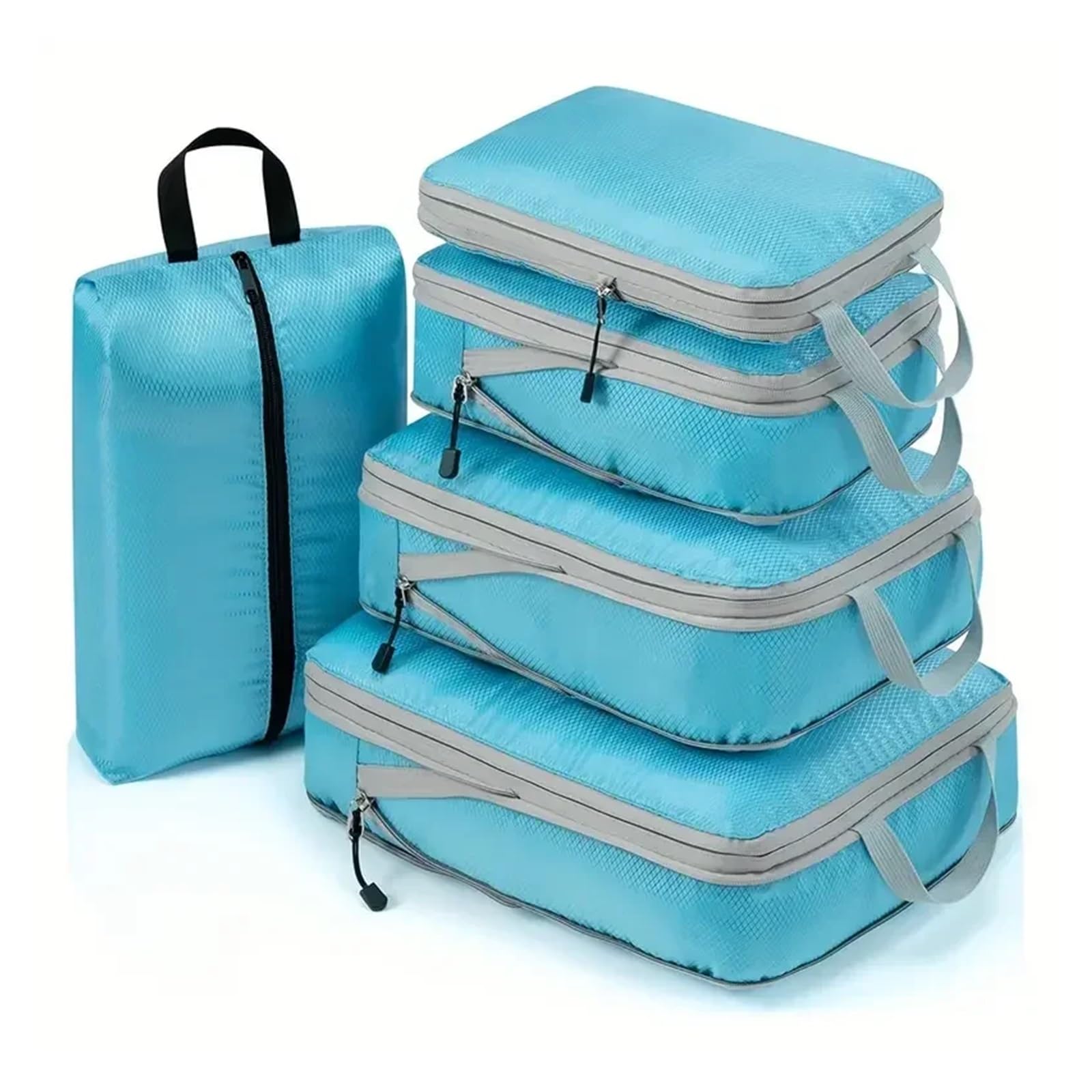 Organizer Viaggio Cubi di imballaggio a compressione da viaggio, set organizer for valigie, borsa portaoggetti pieghevole con cerniera for vestiti, scarpe e accessori(5PCS Set blue)