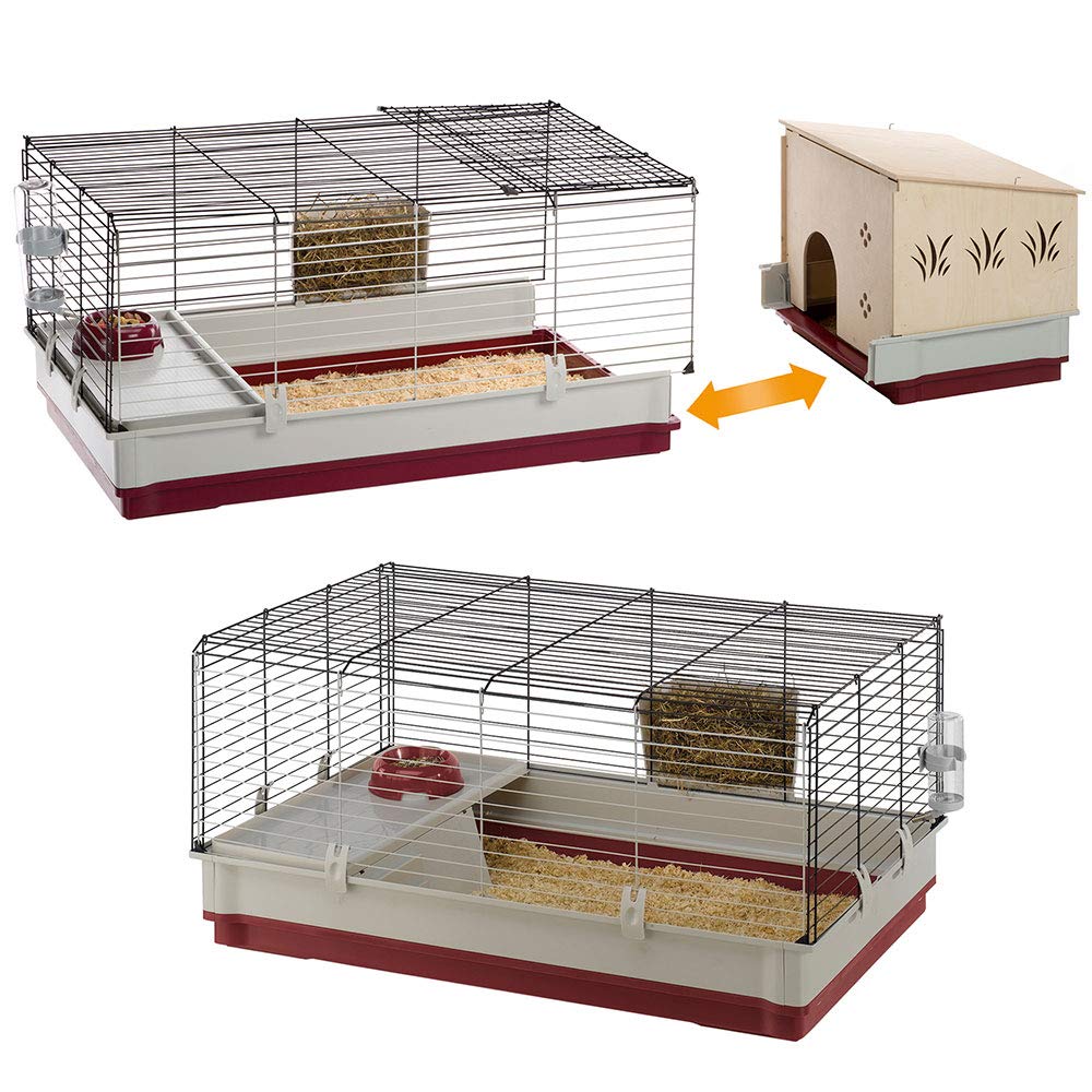 Ferplast Jaula Conejos KROLIK 140 Plus - Espaciosa Casa de Madera Extraíble, Clips de Seguridad - Fácil Mantenimiento, Accesorios Incluidos - Eco-Sostenible - 142 x 60 x h 50 cm